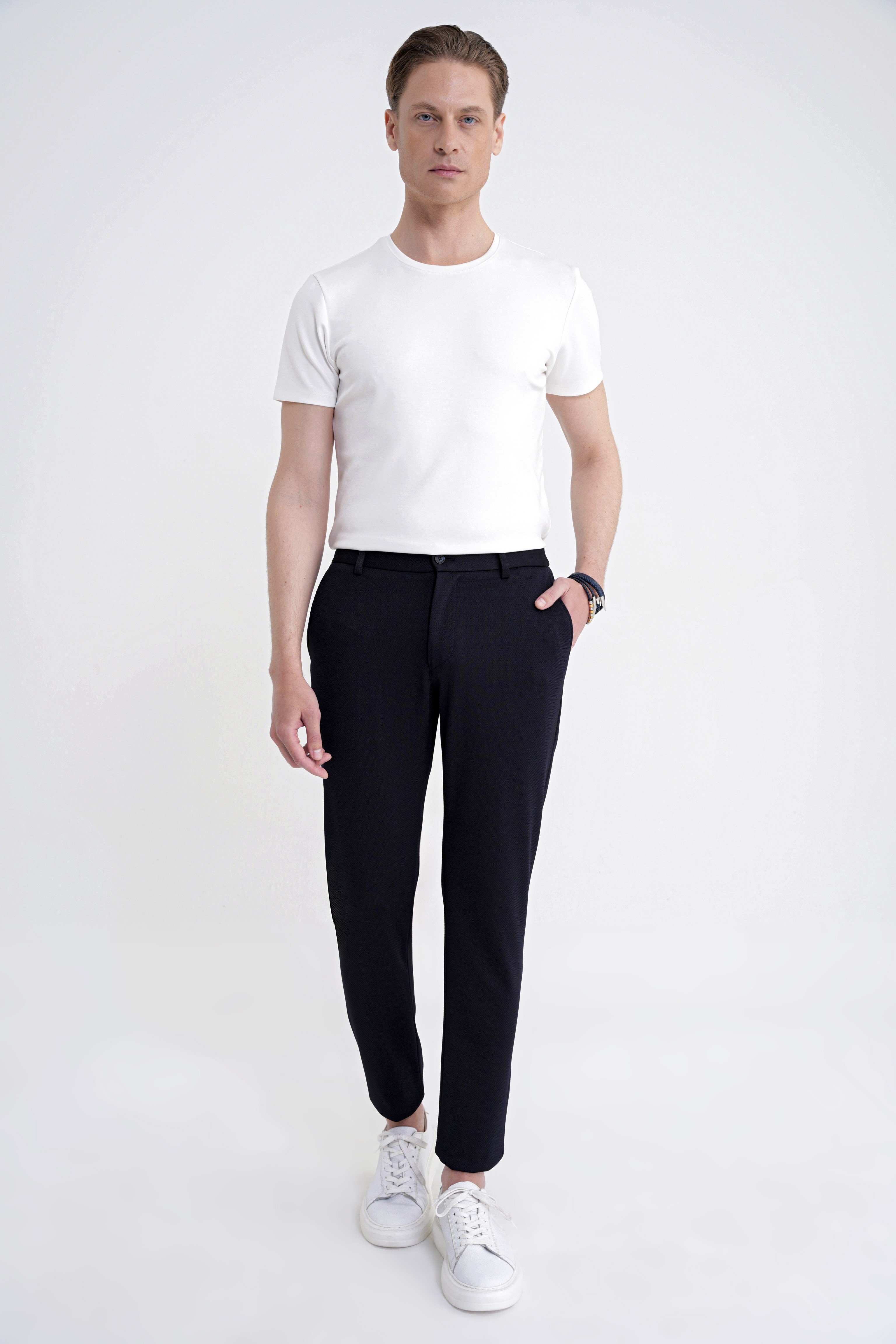 Comfort Fit Rahat Kalıp Beli Lastikli Armürlü Dokuma Esnek Pamuklu Lacivert Jogger Pantolon P 1217