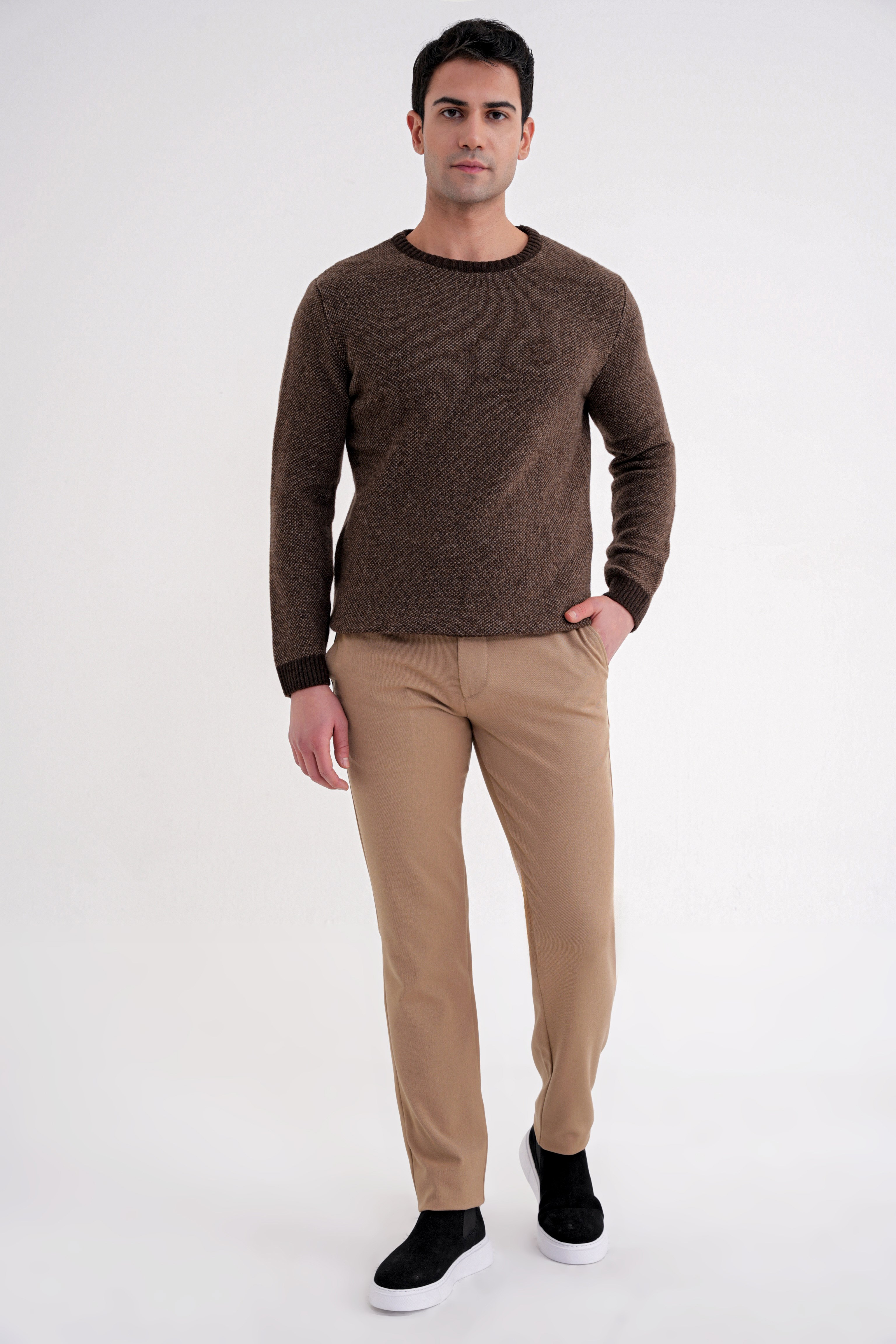 Comfort Fit Rahat Kalıp Beli Lastikli Esnek Pamuklu Düz Bej Pantolon P 1200