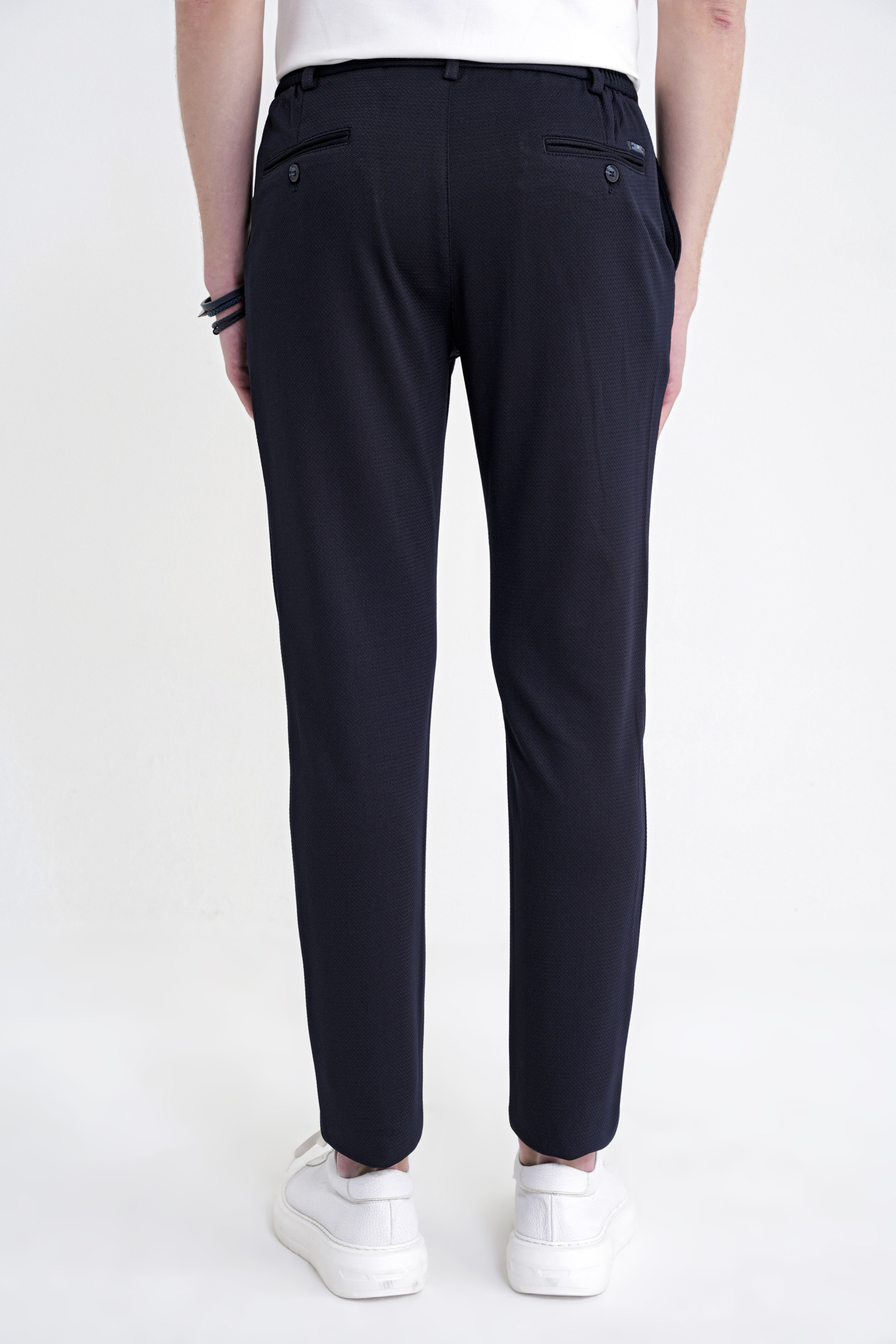 Comfort Fit Rahat Kalıp Beli Lastikli Armürlü Dokuma Esnek Pamuklu Lacivert Jogger Pantolon P 1217