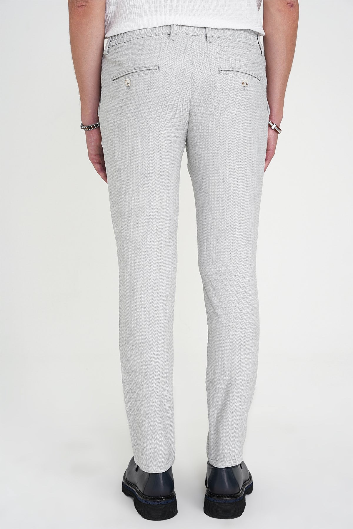 Comfort Fit Rahat Kalıp Beli Lastikli Balıksırtı Desen Açık Gri Pantolon P 1175
