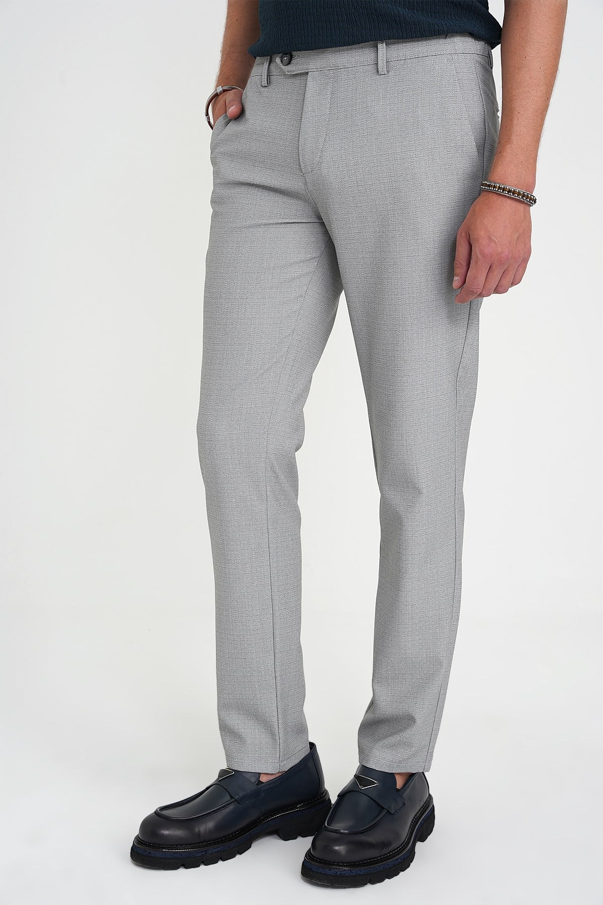 Comfort Fit Rahat Kalıp Beli Lastikli Dokulu Gri Jogger Pantolon  P 1192