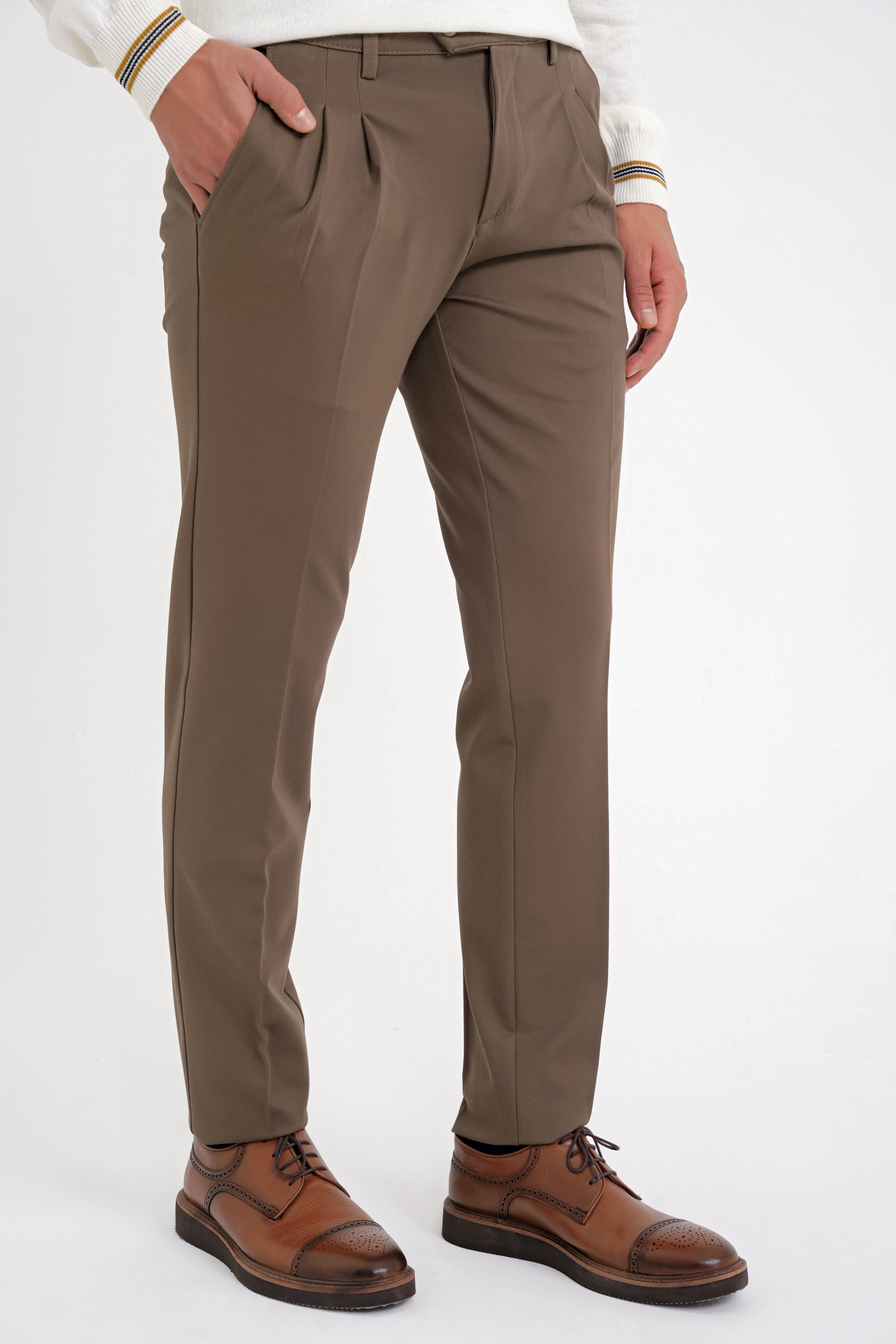 Comfort Fit Rahat Kalıp Çift Pileli Yan Cepli Esnek Pamuklu Tütün Pantolon P 1202