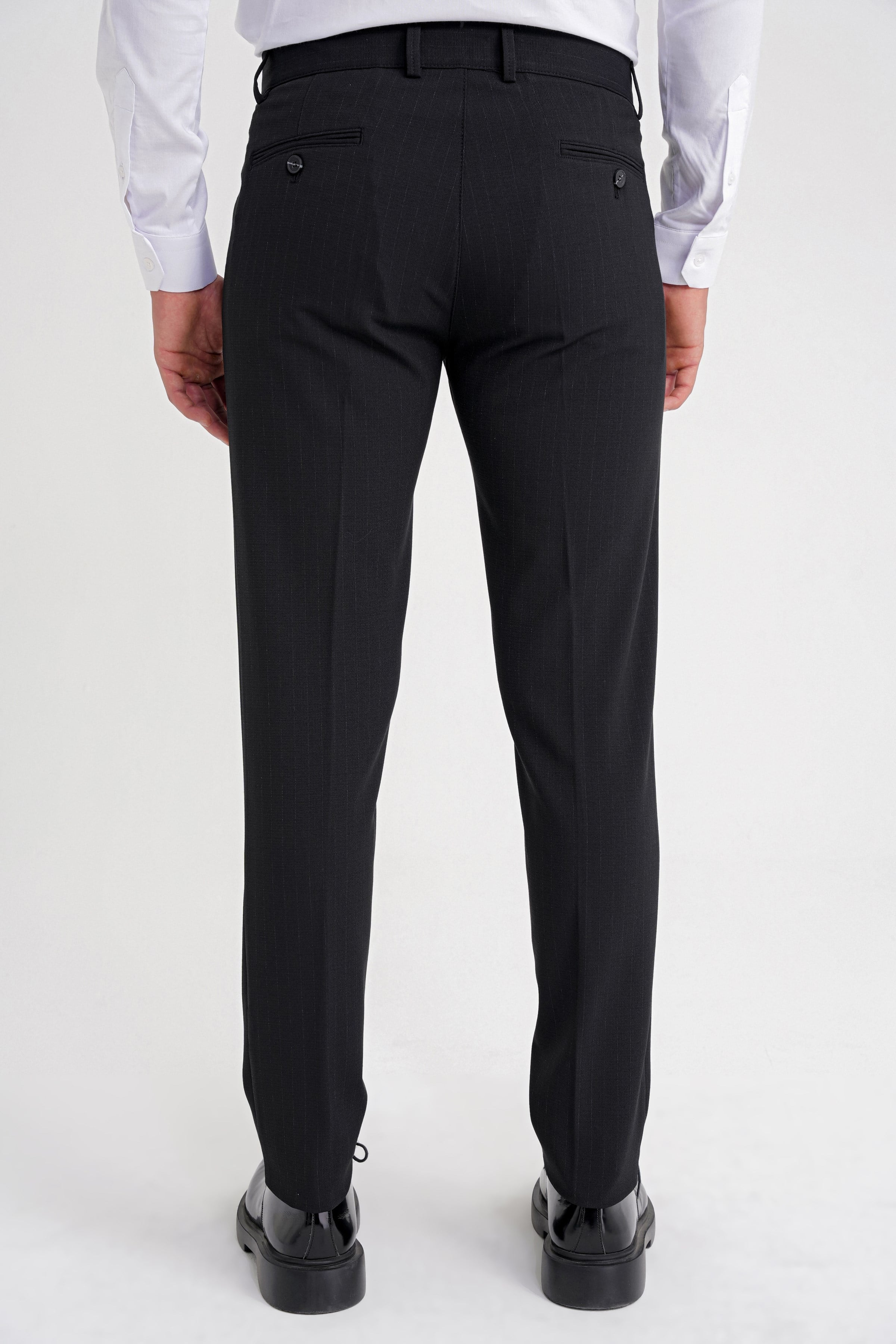 Comfort Fit Rahat Kalıp Çift Pileli Yan Cepli Esnek Yünlü Çizgili Siyah Pantolon P 1204