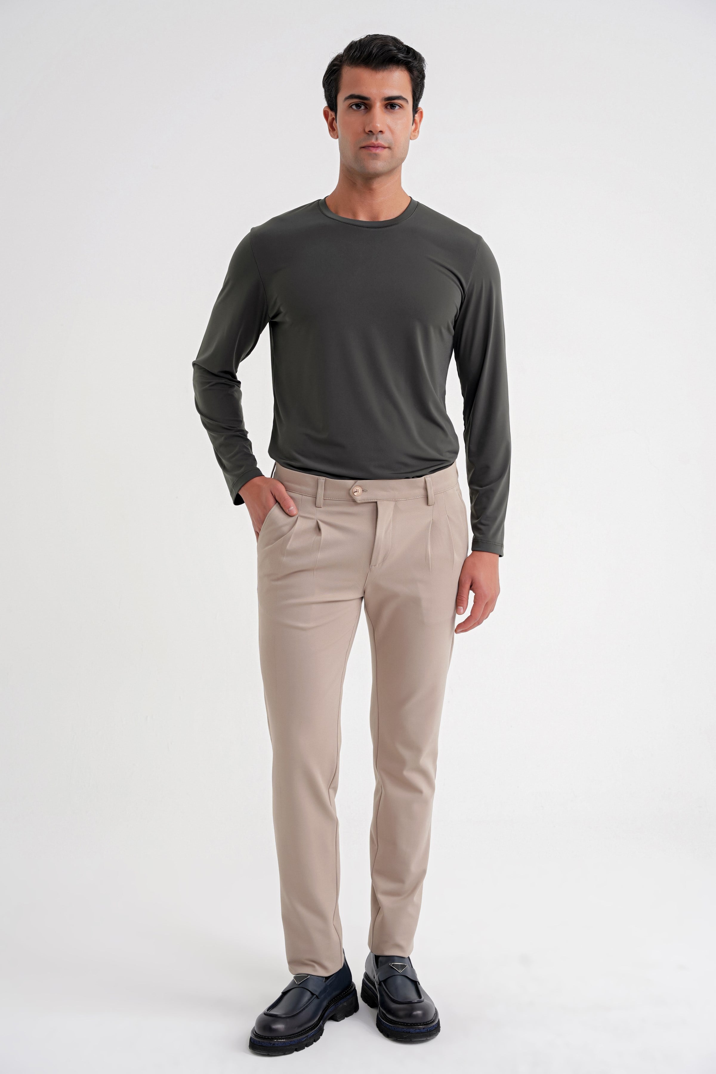 Comfort Fit Rahat Kalıp Çift Pileli Yan Cepli Esnek Pamuklu Bej Pantolon P 1202
