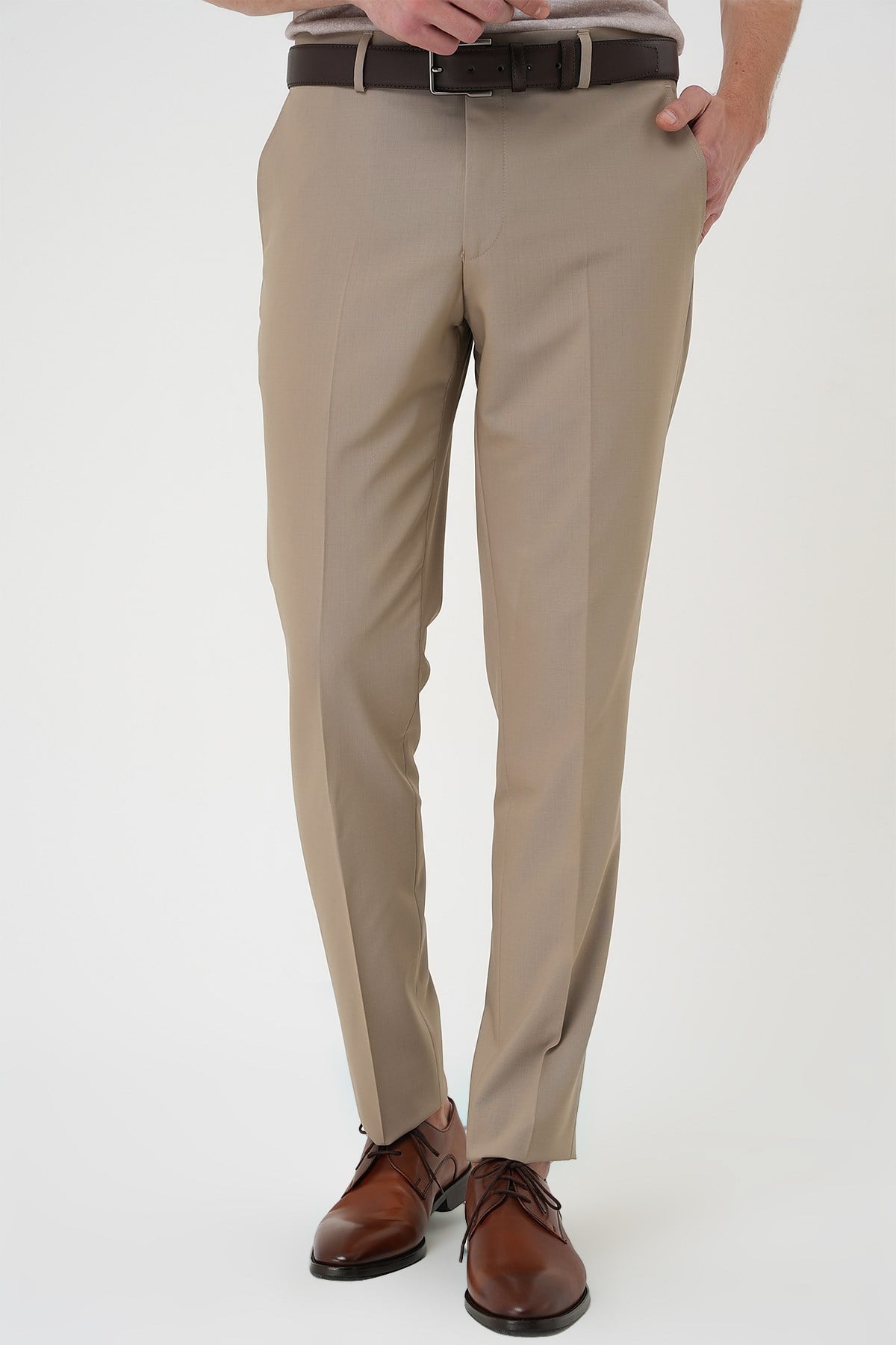 Comfort Fit Rahat Kalıp Esnek %97 Yün Klasik Düz Bej Kumaş Pantolon P 1191