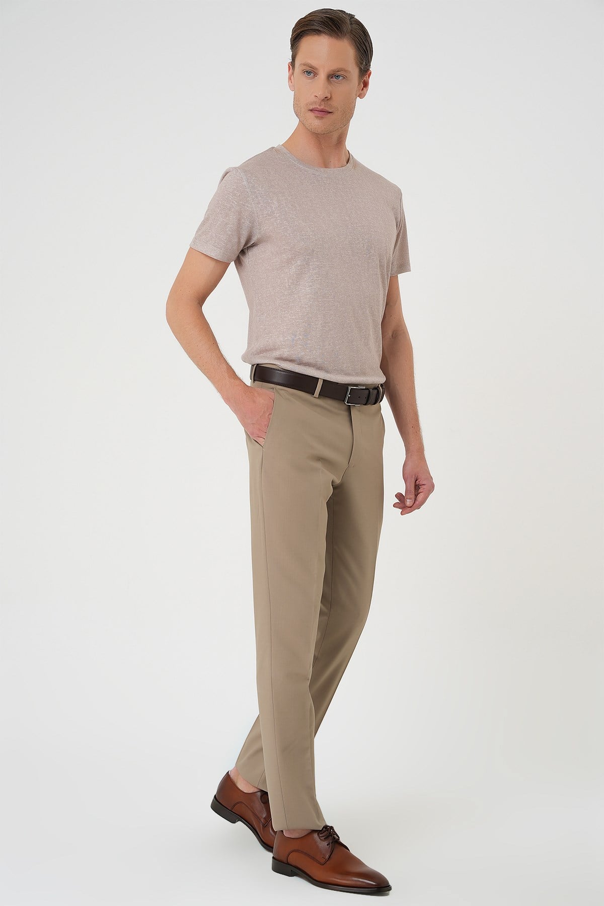 Comfort Fit Rahat Kalıp Esnek %97 Yün Klasik Düz Bej Kumaş Pantolon P 1191