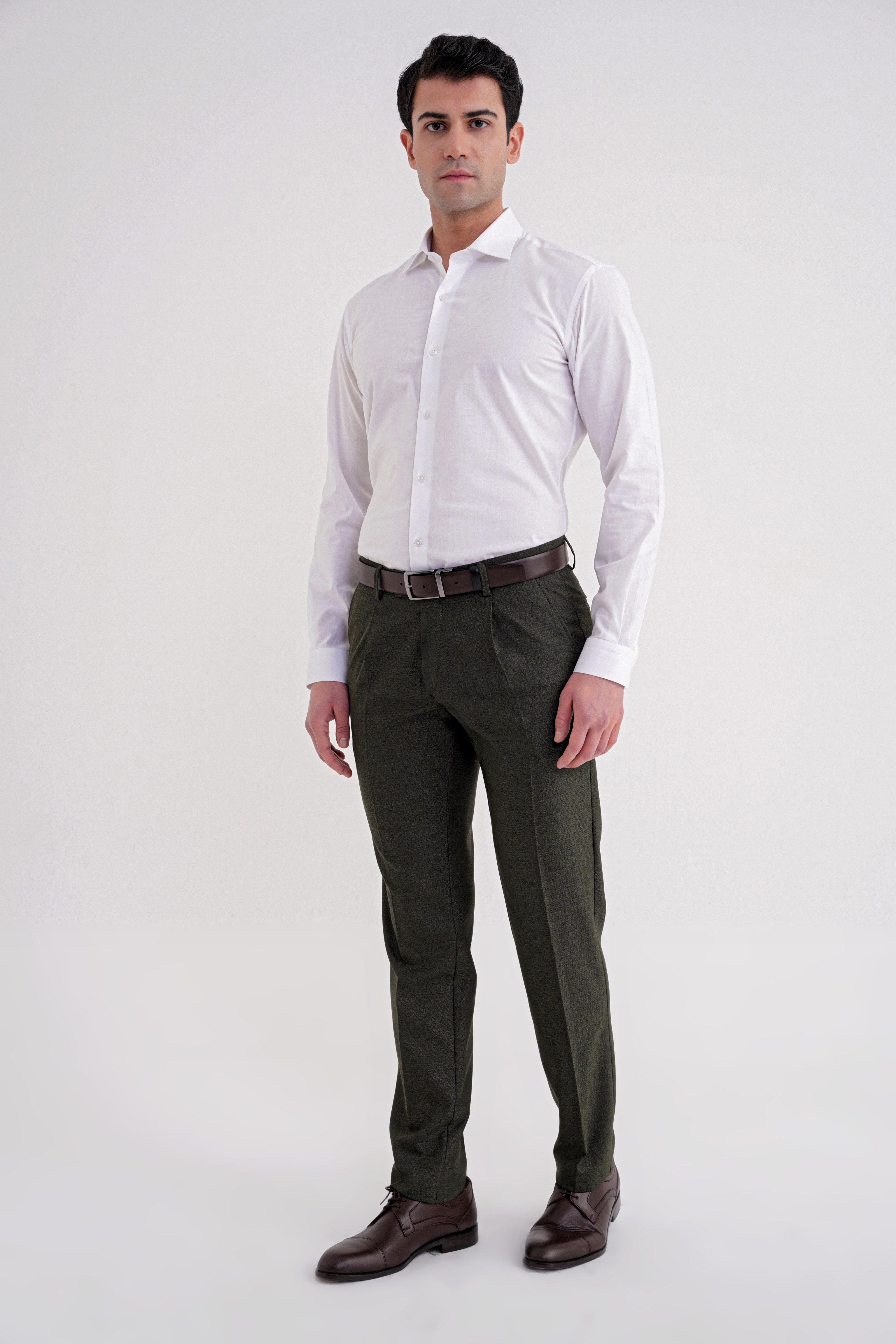 Comfort Fit Rahat Kalıp Esnek Yünlü Pileli Haki Kumaş Pantolon P 1210