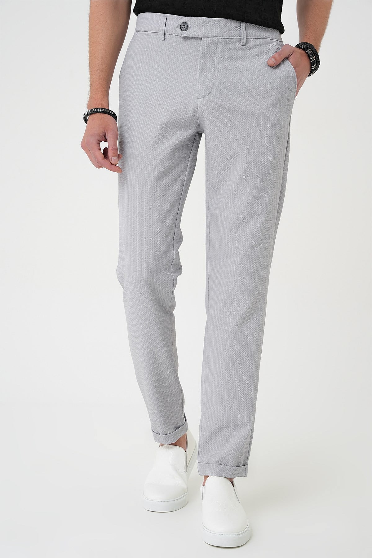Comfort Fit Rahat Kalıp Gofre Dokulu Beli Lastikli Çizgili Gri Jogger Pantolon P 1177