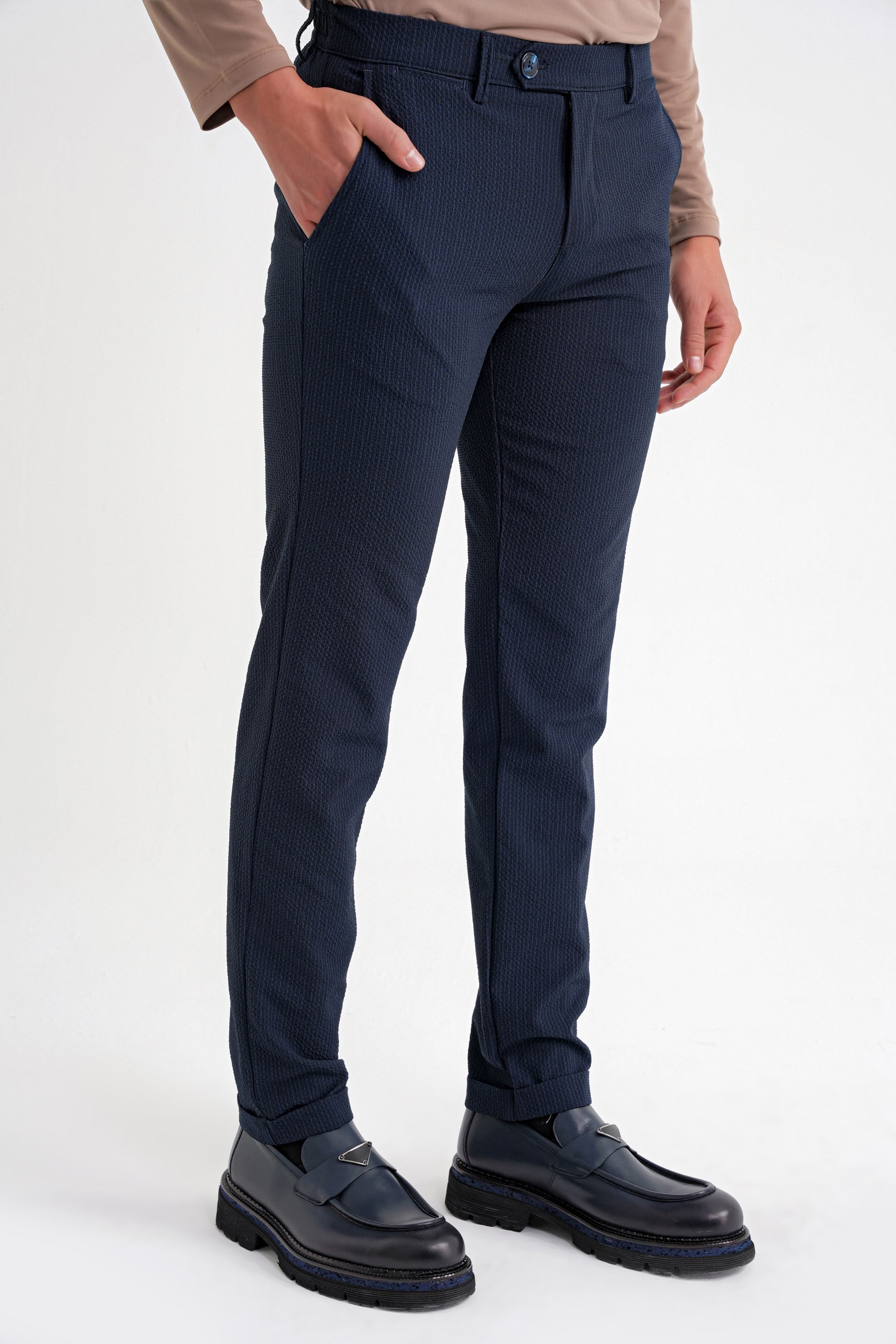 Comfort Fit Rahat Kalıp Gofre Dokulu Beli Lastikli Çizgili Koyu Lacivert Jogger Pantolon P 1177