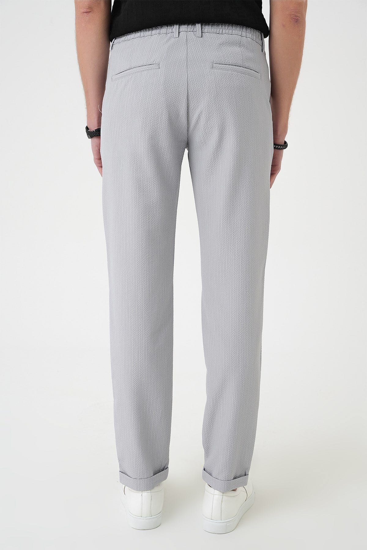 Comfort Fit Rahat Kalıp Gofre Dokulu Beli Lastikli Çizgili Gri Jogger Pantolon P 1177