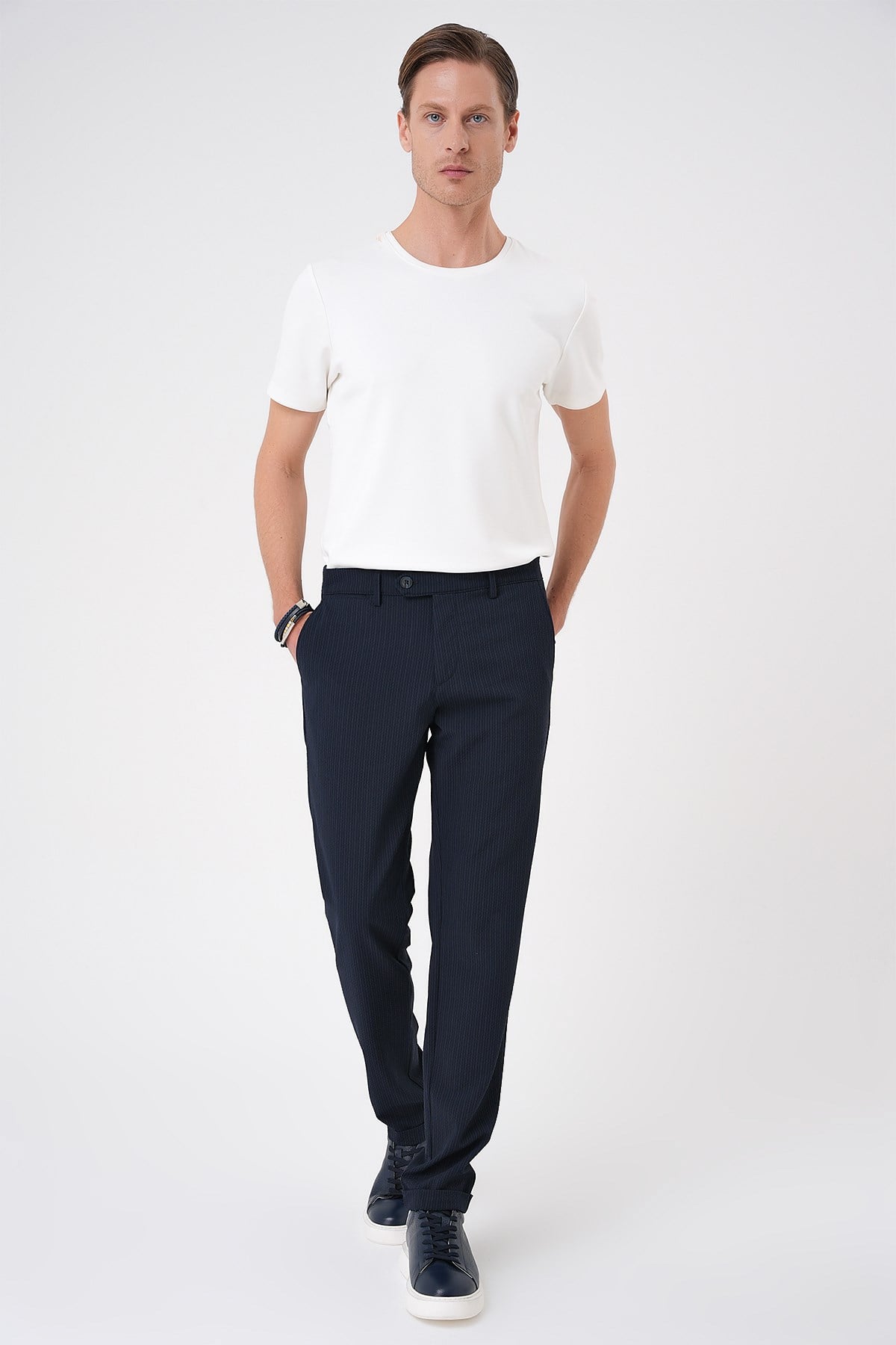 Comfort Fit Rahat Kalıp Gofre Dokulu Beli Lastikli Çizgili Lacivert Jogger Pantolon P 1177