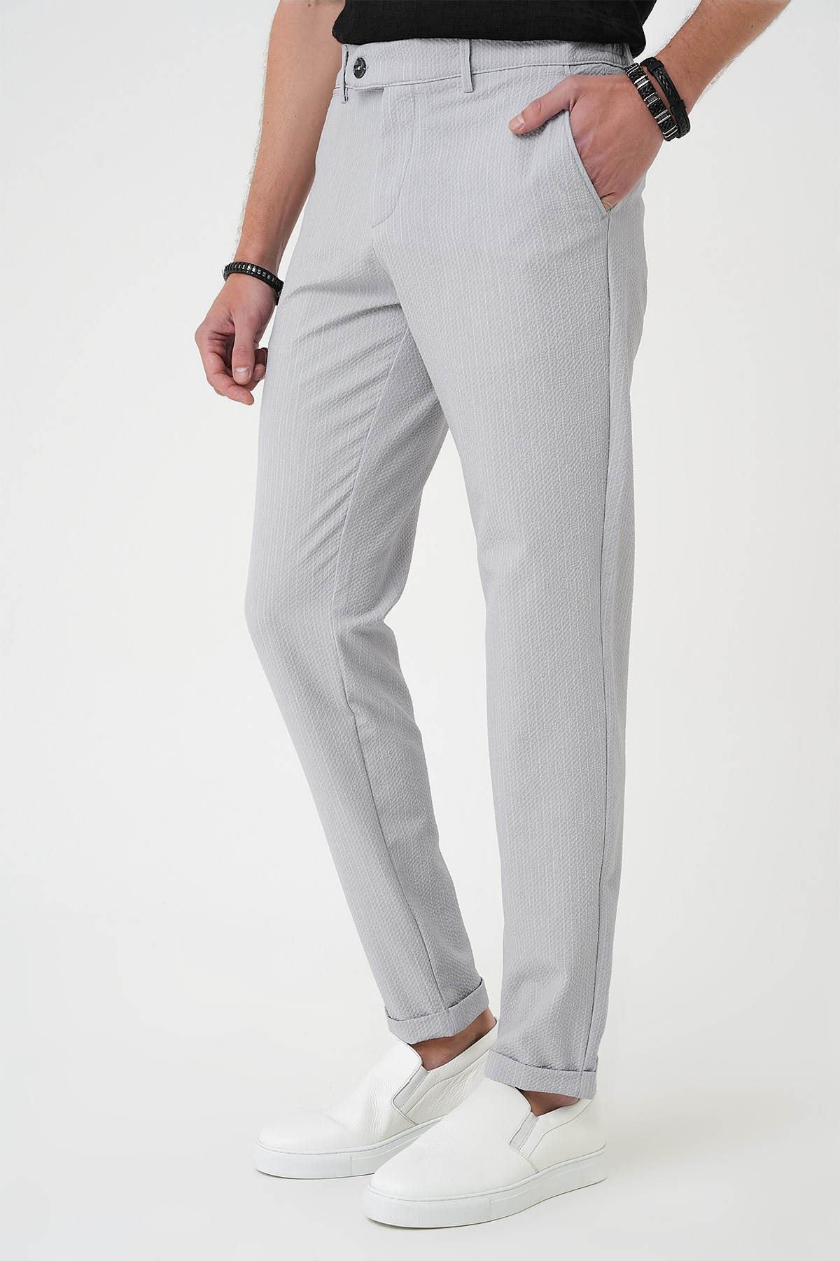 Comfort Fit Rahat Kalıp Gofre Dokulu Beli Lastikli Çizgili Gri Jogger Pantolon P 1177