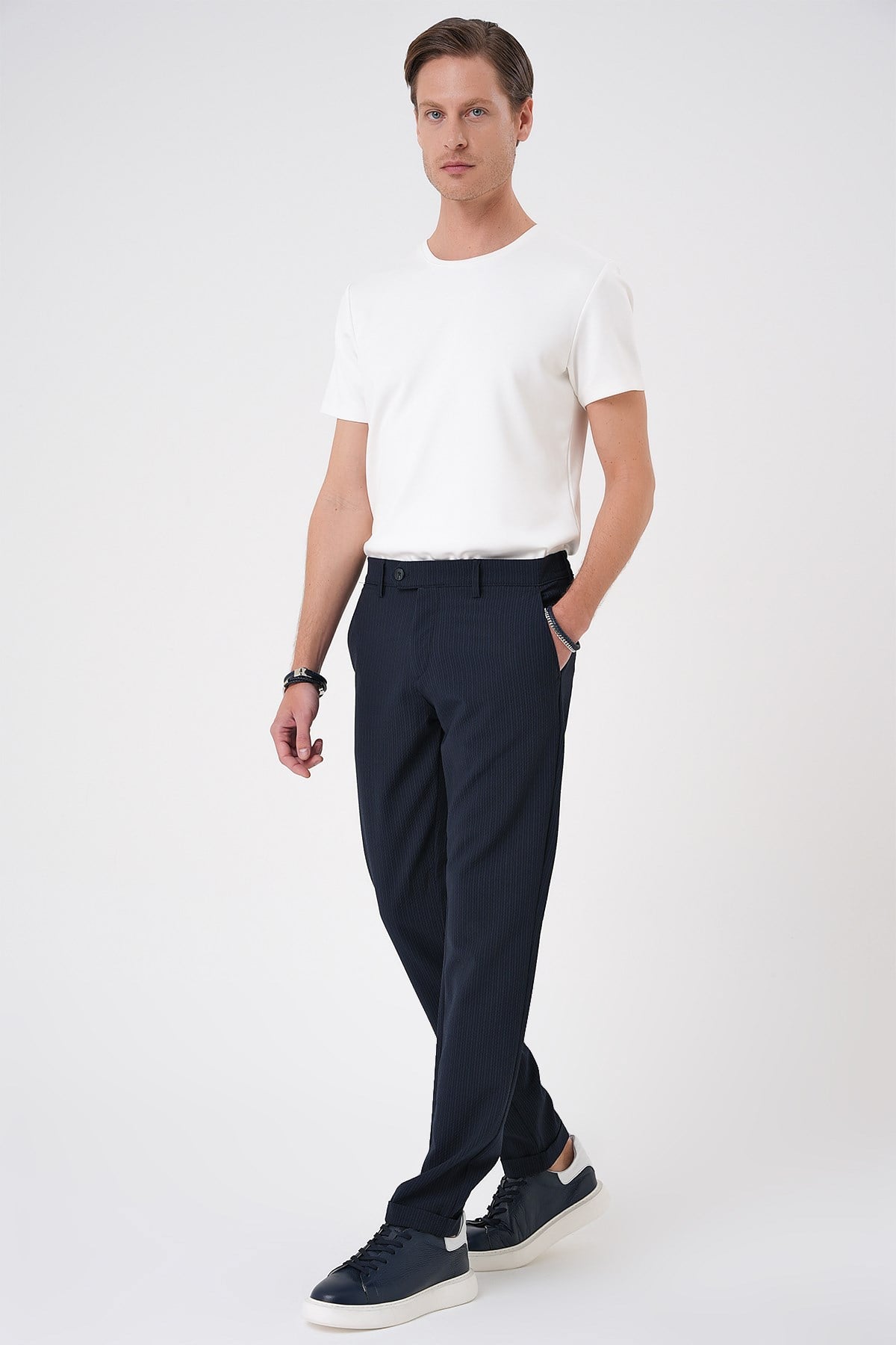 Comfort Fit Rahat Kalıp Gofre Dokulu Beli Lastikli Çizgili Lacivert Jogger Pantolon P 1177