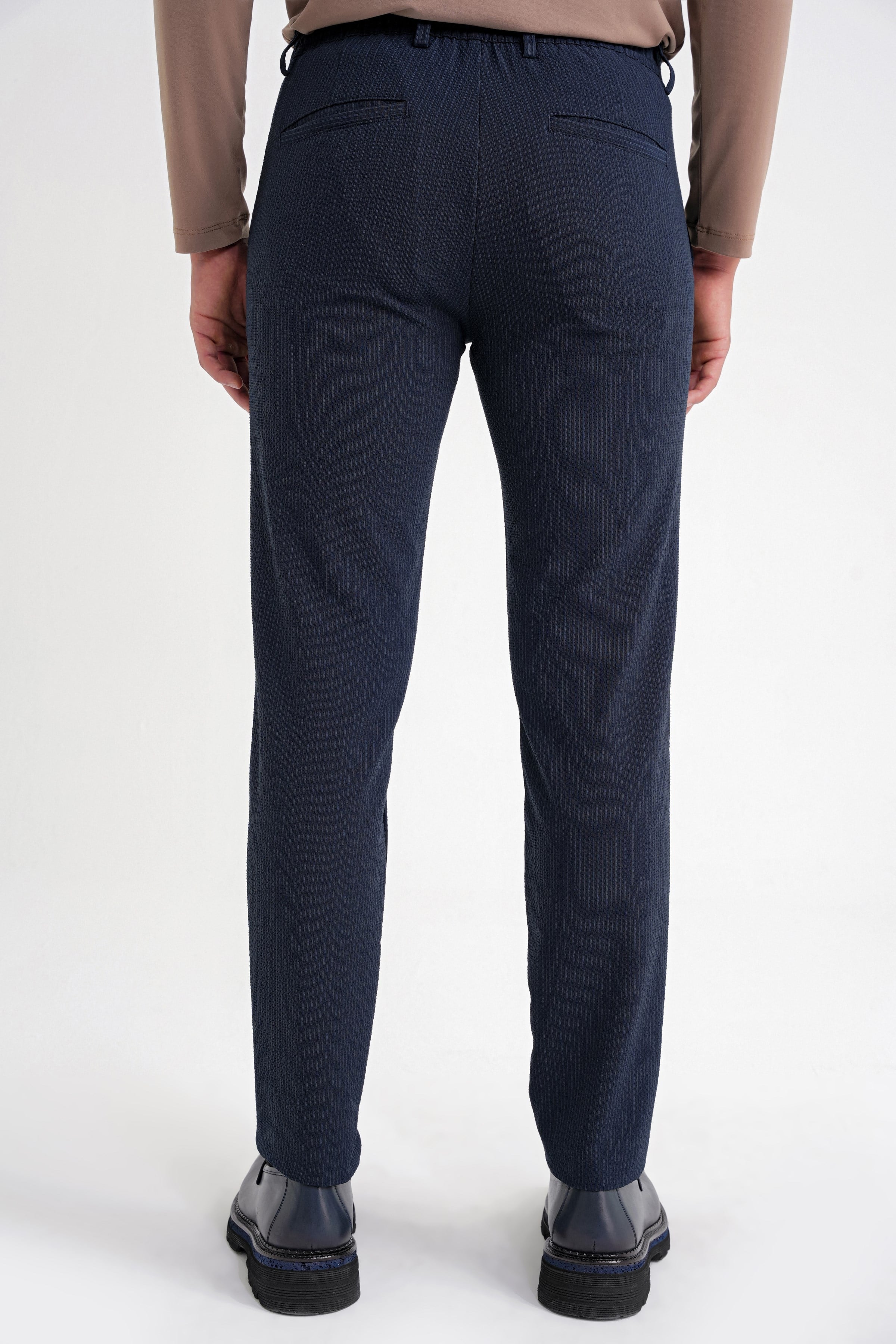 Comfort Fit Rahat Kalıp Gofre Dokulu Beli Lastikli Çizgili Koyu Lacivert Jogger Pantolon P 1177