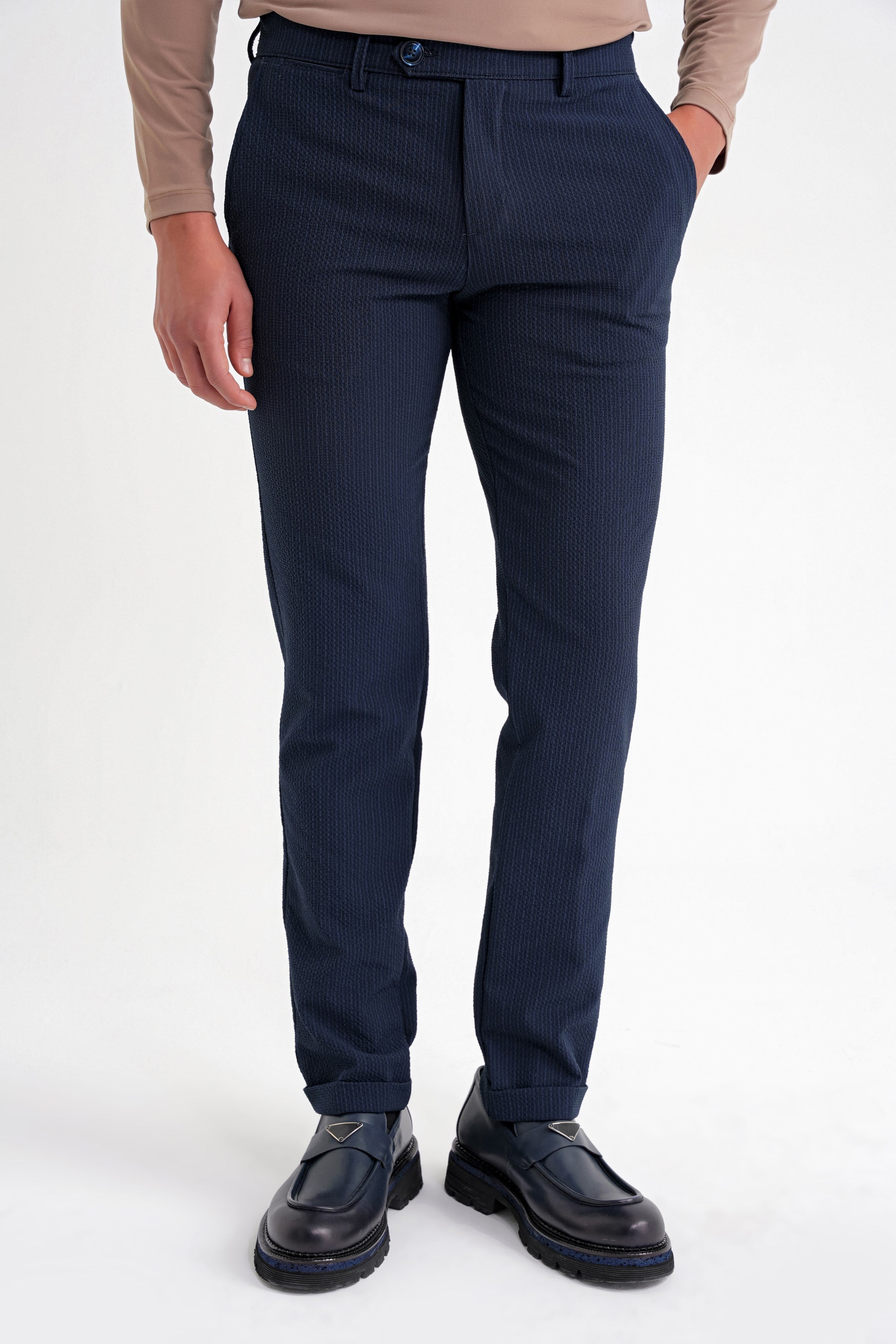 Comfort Fit Rahat Kalıp Gofre Dokulu Beli Lastikli Çizgili Koyu Lacivert Jogger Pantolon P 1177