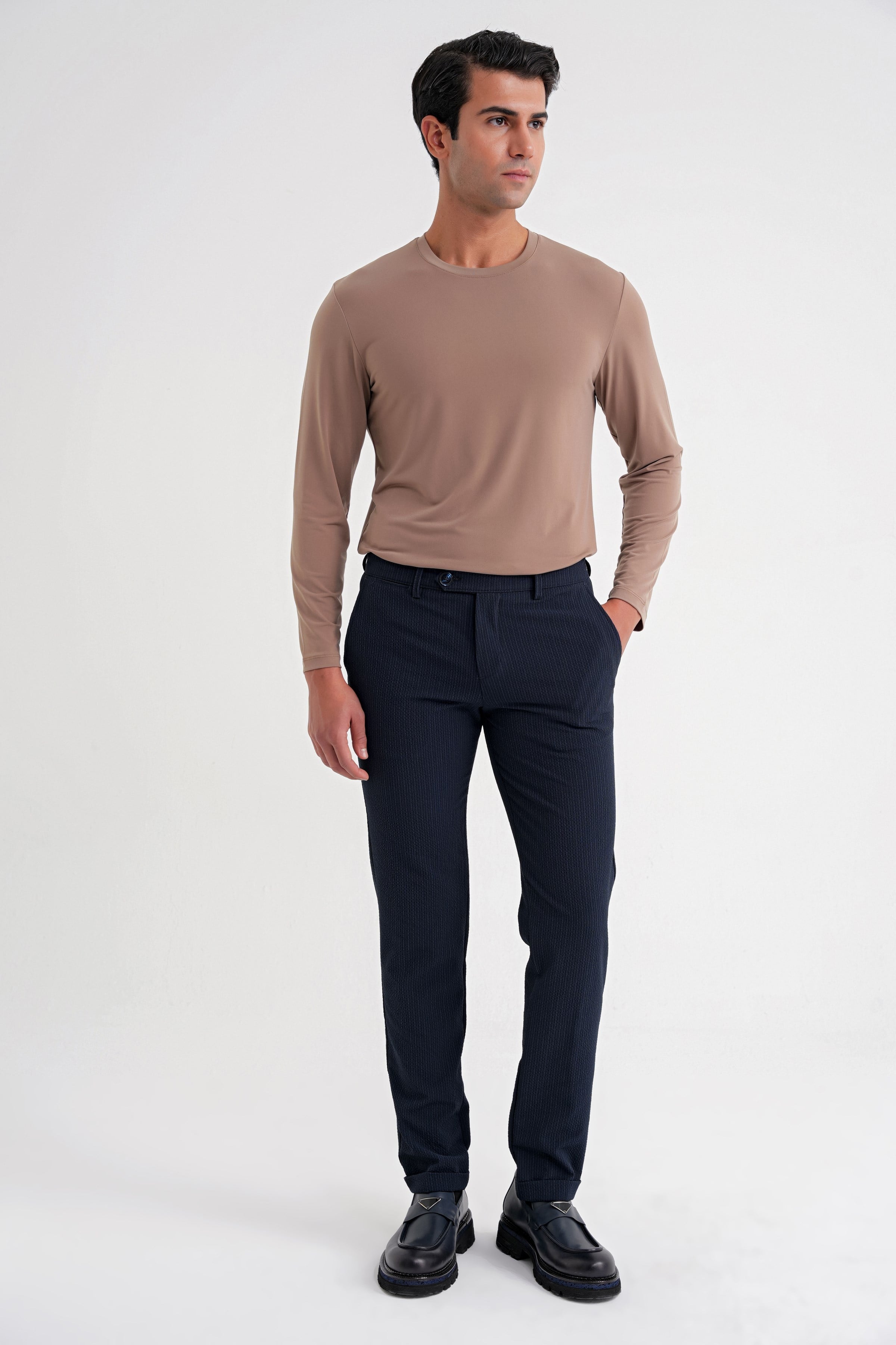 Comfort Fit Rahat Kalıp Gofre Dokulu Beli Lastikli Çizgili Koyu Lacivert Jogger Pantolon P 1177