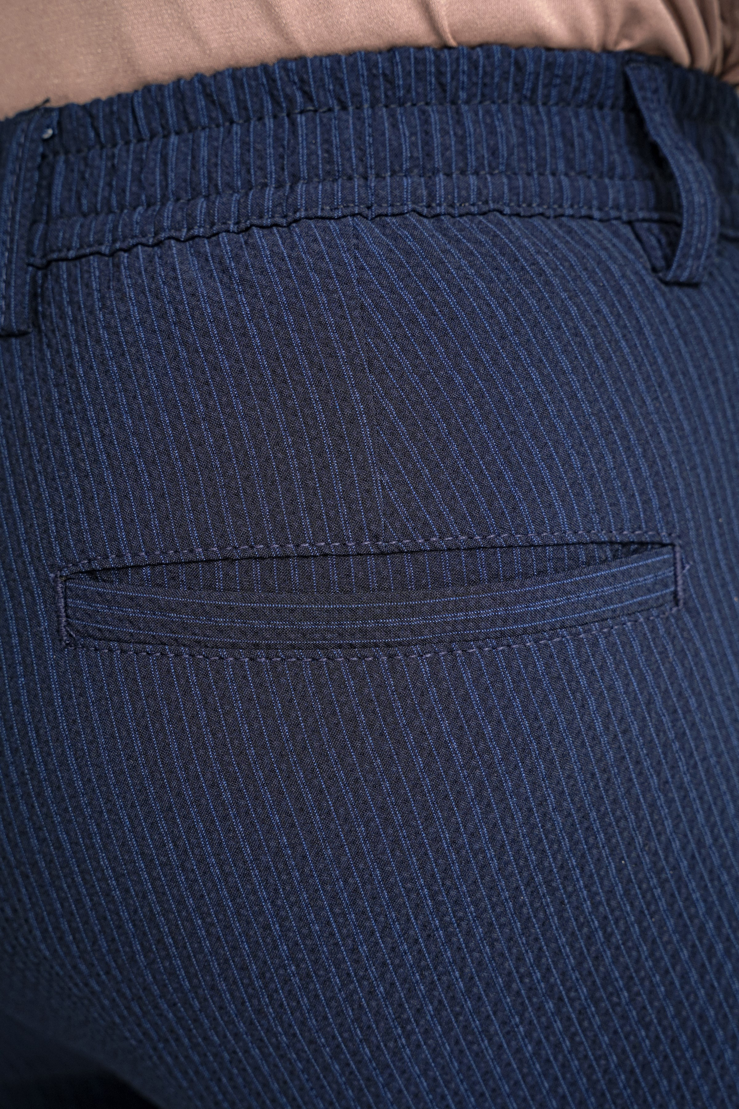 Comfort Fit Rahat Kalıp Gofre Dokulu Beli Lastikli Çizgili Koyu Lacivert Jogger Pantolon P 1177