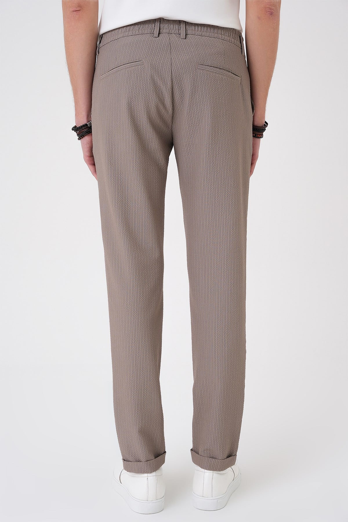 Comfort Fit Rahat Kalıp Gofre Dokulu Beli Lastikli Çizgili Vizon Jogger Pantolon P 1177