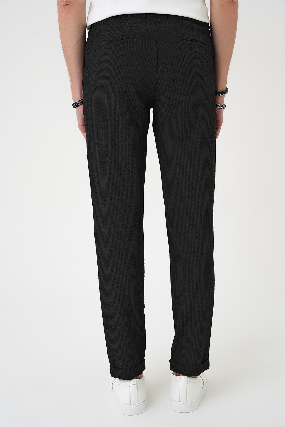 Comfort Fit Rahat Kalıp Gofre Dokulu Beli Lastikli Çizgili Siyah Jogger Pantolon P 1177