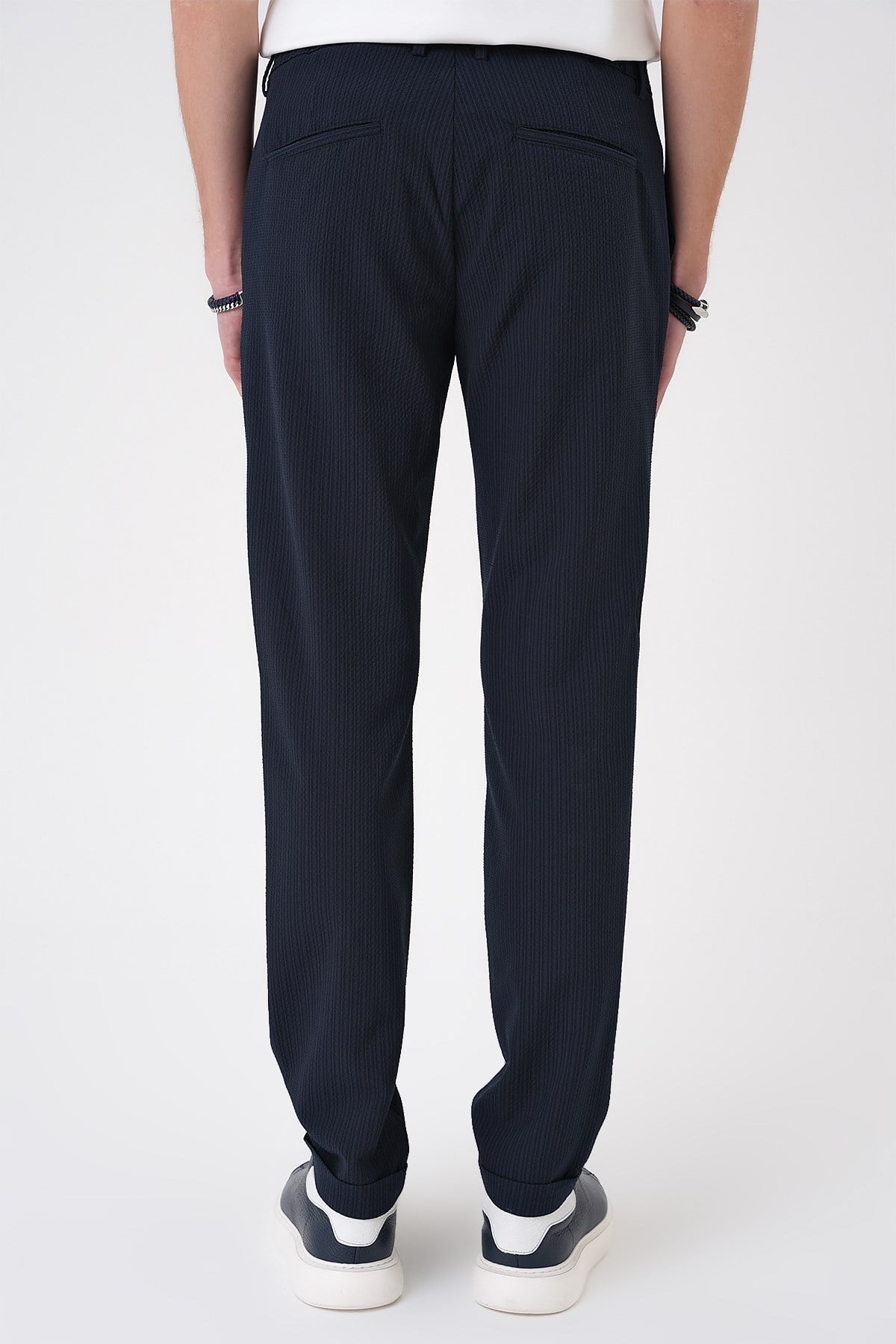 Comfort Fit Rahat Kalıp Gofre Dokulu Beli Lastikli Çizgili Lacivert Jogger Pantolon P 1177