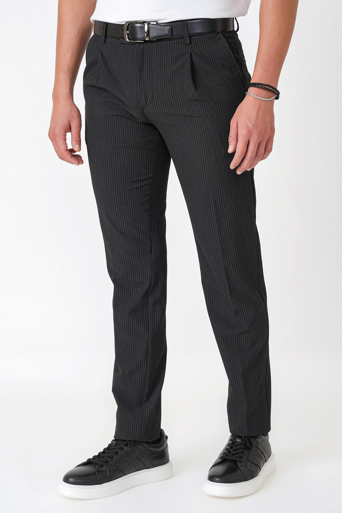Comfort Fit Rahat Kalıp Pileli Esnek Pamuklu Çizgili Koyu Siyah Jogger Pantolon P 1218
