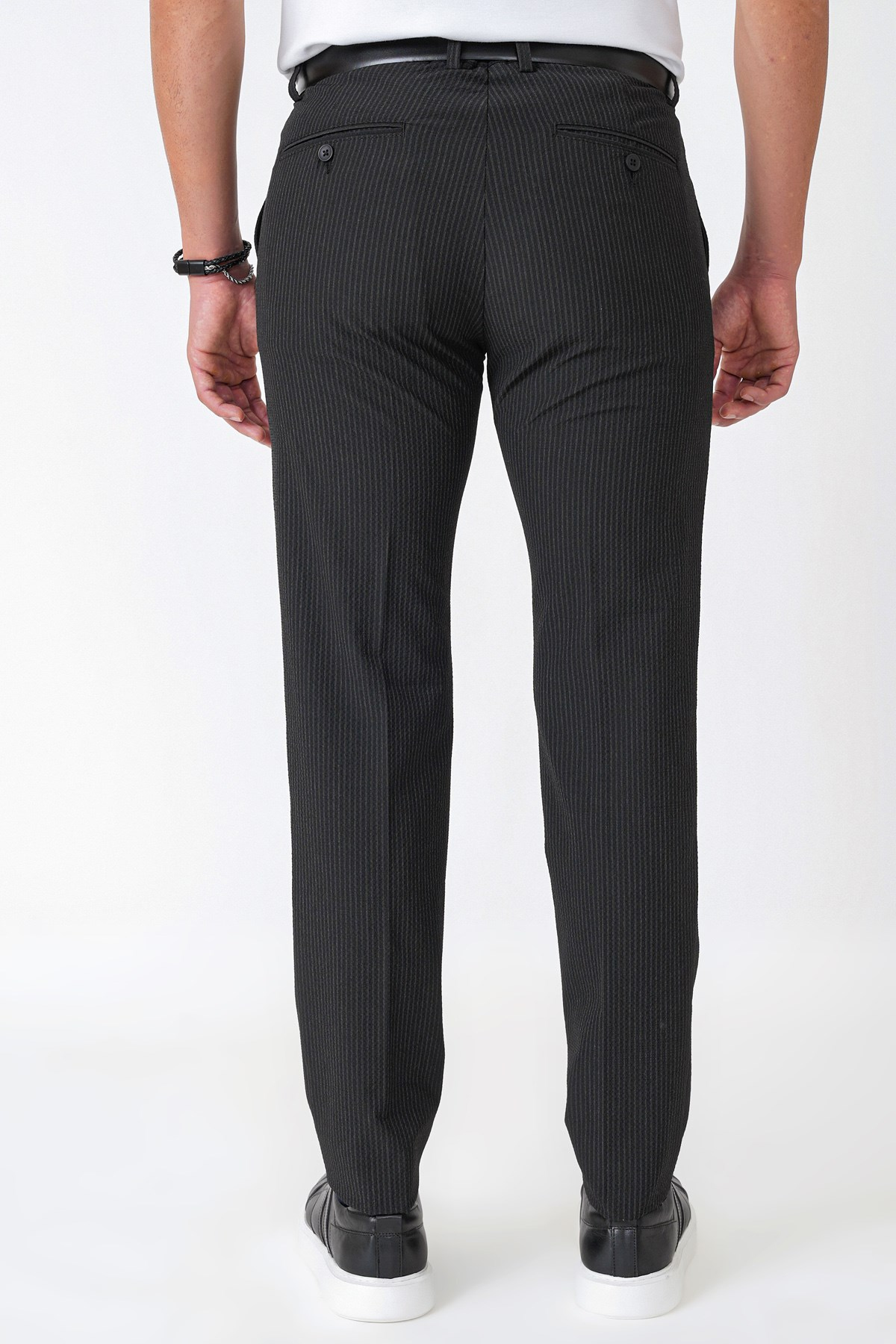 Comfort Fit Rahat Kalıp Pileli Esnek Pamuklu Çizgili Koyu Siyah Jogger Pantolon P 1218