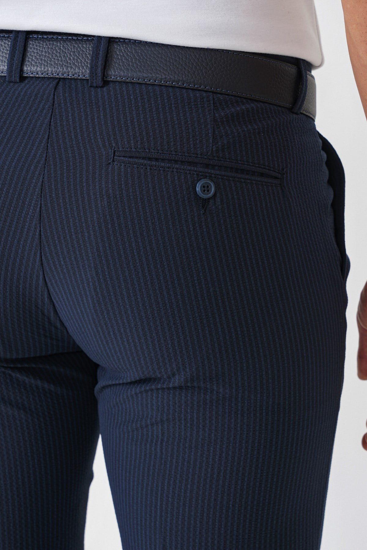 Comfort Fit Rahat Kalıp Pileli Esnek Pamuklu Çizgili Lacivert Jogger Pantolon P 1218