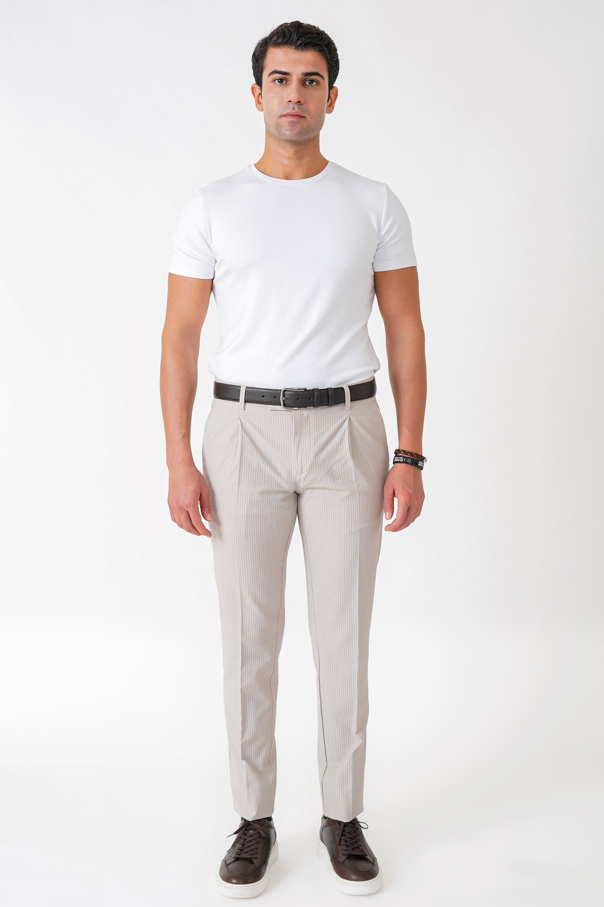 Comfort Fit Rahat Kalıp Pileli Esnek Pamuklu Çizgili Taş Jogger Pantolon P 1218