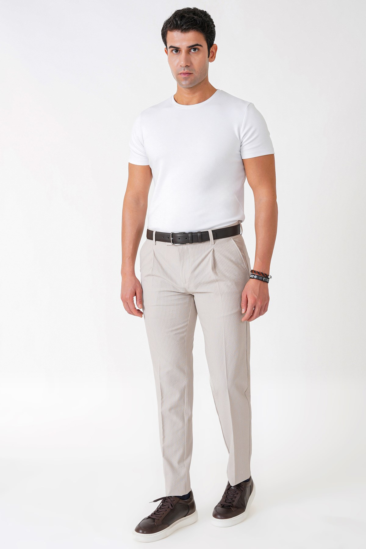 Comfort Fit Rahat Kalıp Pileli Esnek Pamuklu Çizgili Taş Jogger Pantolon P 1218