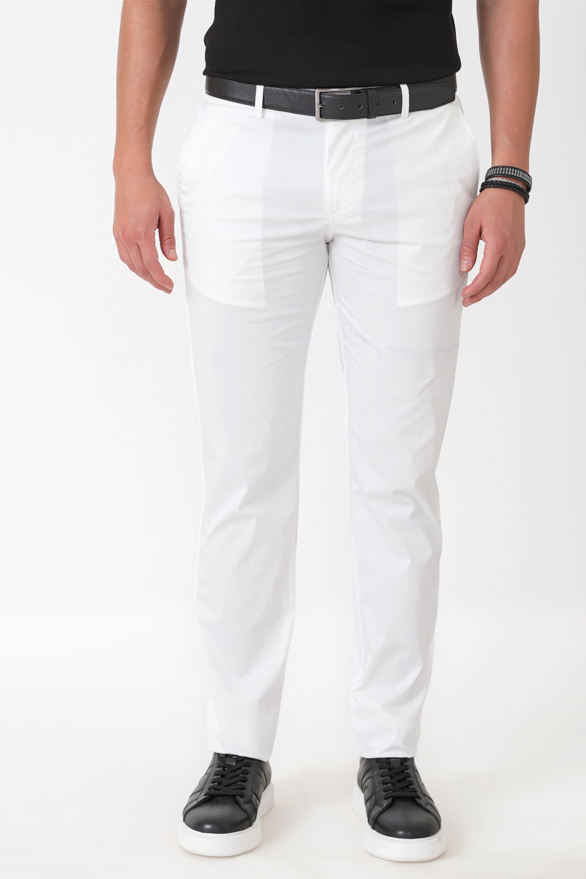 Comfort Fit Rahat Kalıp Yan Cep Beli Lastikli %97 Pamuk Beyaz Pantolon P 1214