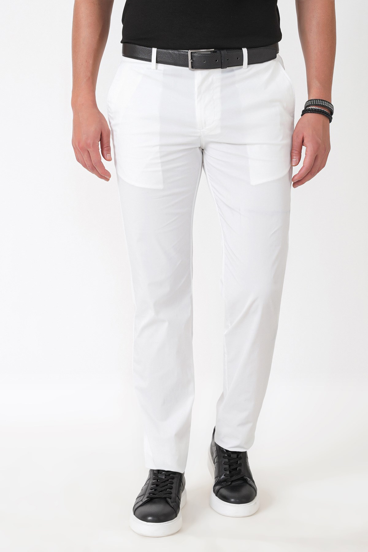 Comfort Fit Rahat Kalıp Yan Cep Beli Lastikli %97 Pamuk Beyaz Pantolon P 1214