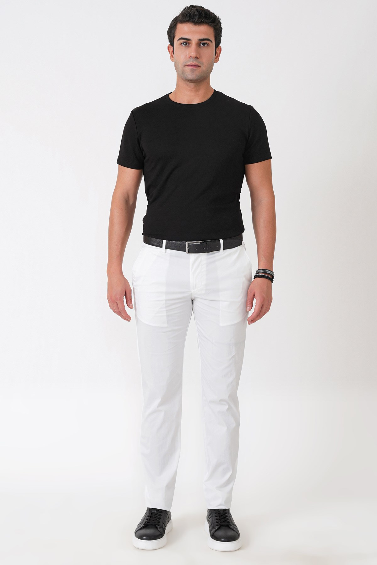 Comfort Fit Rahat Kalıp Yan Cep Beli Lastikli %97 Pamuk Beyaz Pantolon P 1214