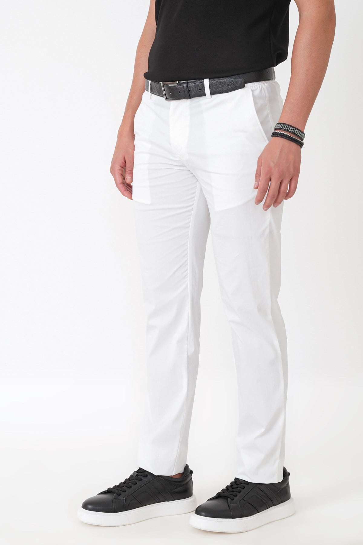 Comfort Fit Rahat Kalıp Yan Cep Beli Lastikli %97 Pamuk Beyaz Pantolon P 1214