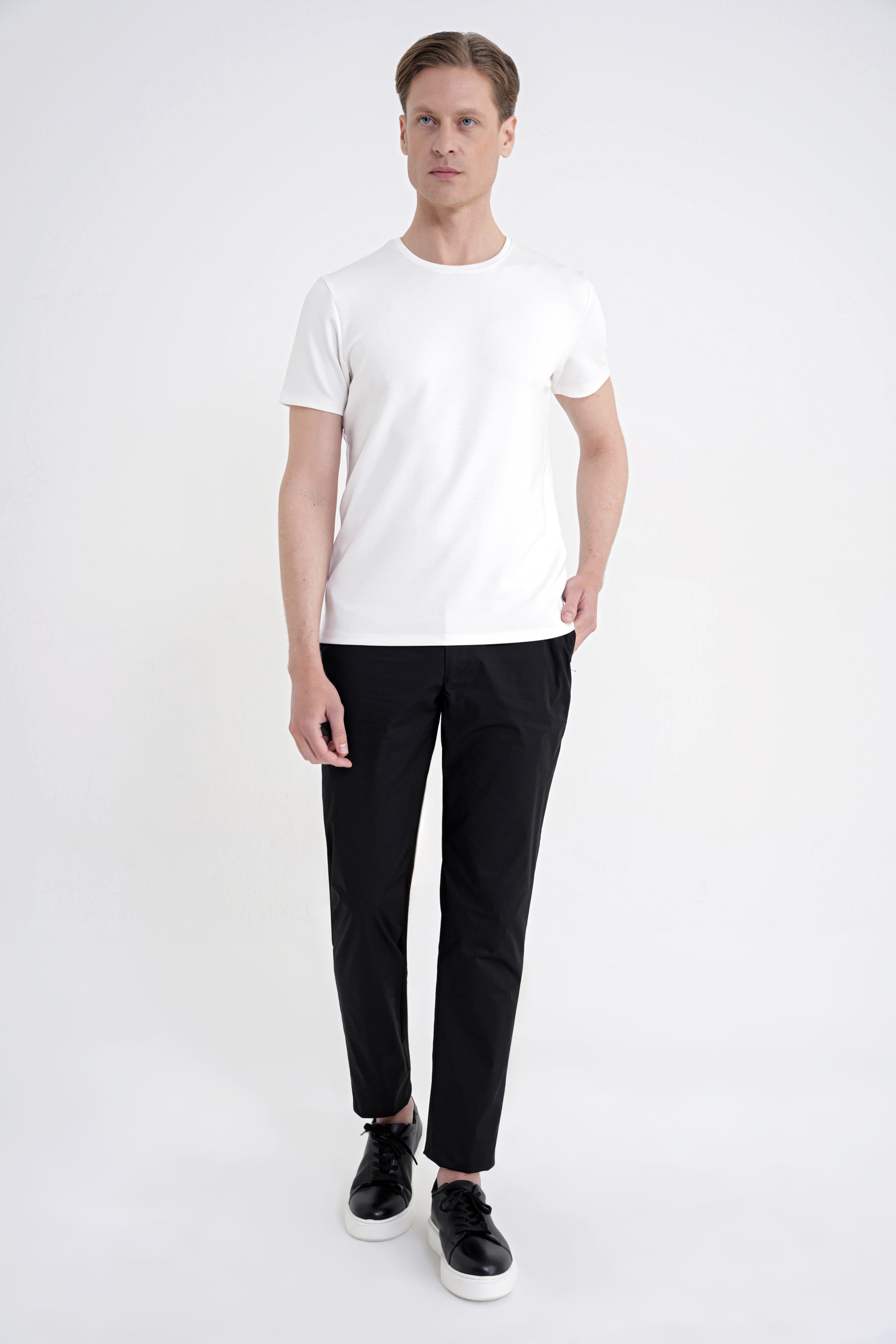 Comfort Fit Rahat Kalıp Yan Cep Beli Lastikli %97 Pamuk Siyah Pantolon P 1214