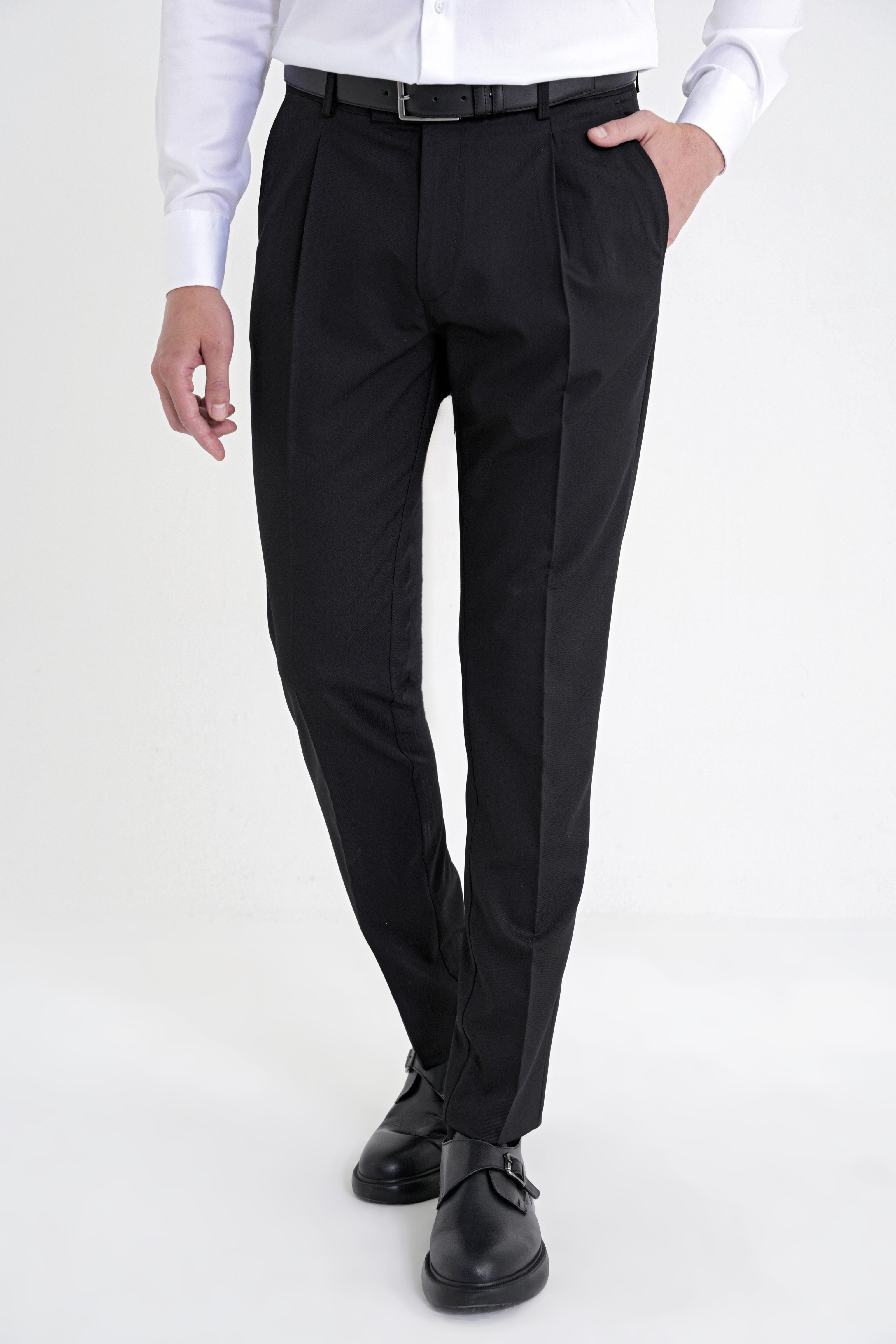 Comfort Fit Rahat Kalıp Yan Cep Esnek Pamuklu Gabardin Pileli Siyah Pantolon P 1211