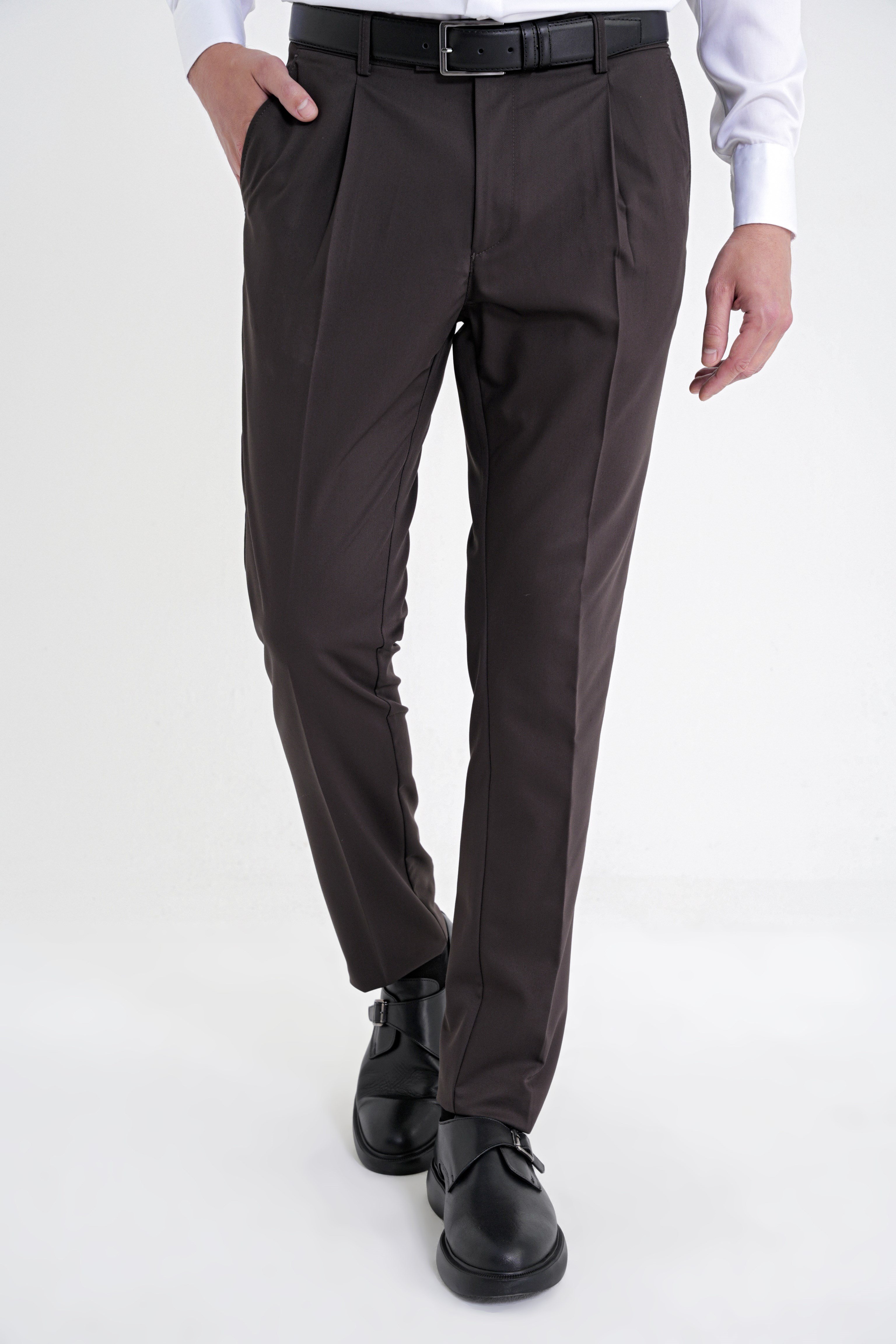 Comfort Fit Rahat Kalıp Yan Cep Esnek Pamuklu Gabardin Pileli Kahverengi Pantolon P 1211