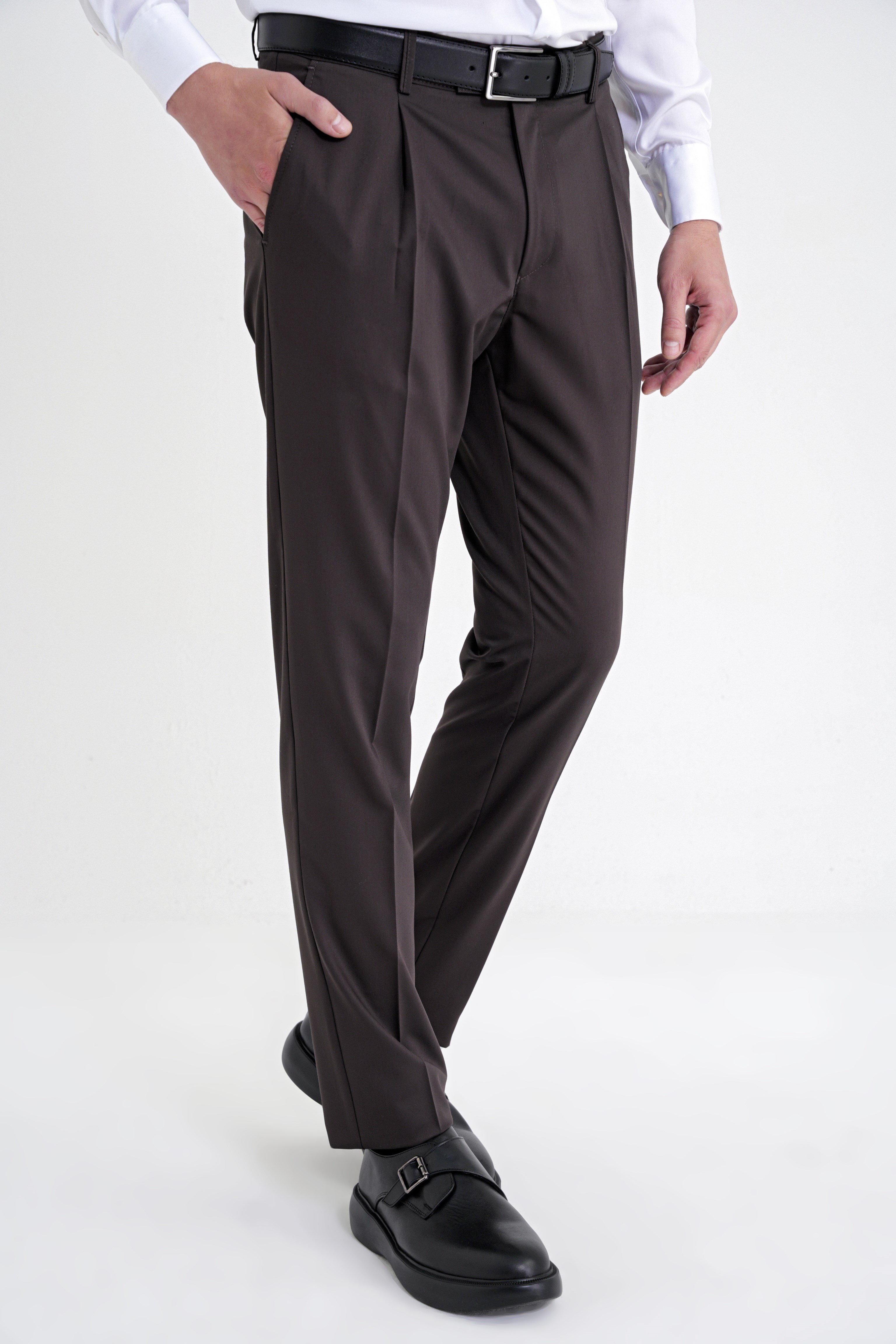 Comfort Fit Rahat Kalıp Yan Cep Esnek Pamuklu Gabardin Pileli Kahverengi Pantolon P 1211