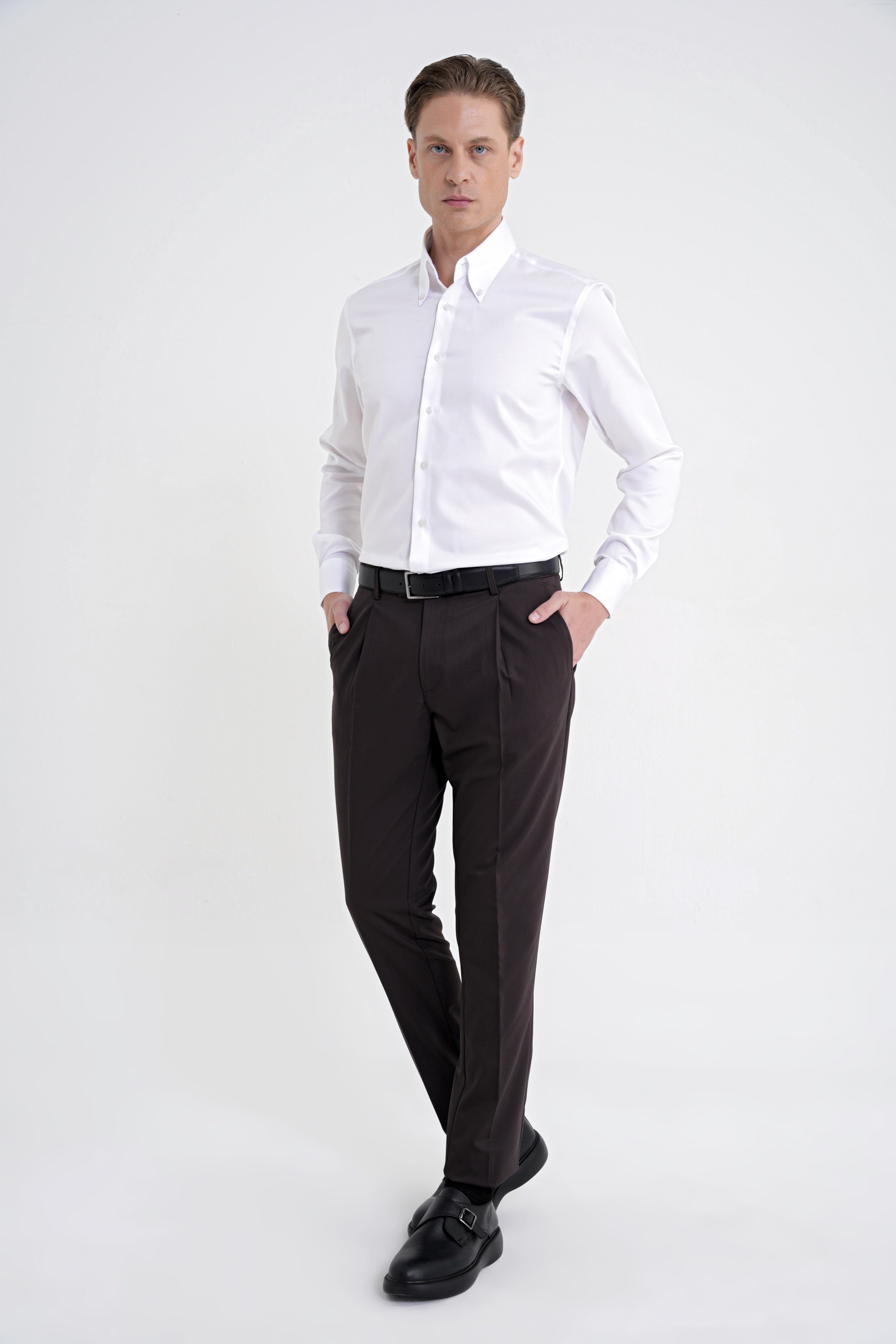 Comfort Fit Rahat Kalıp Yan Cep Esnek Pamuklu Gabardin Pileli Kahverengi Pantolon P 1211