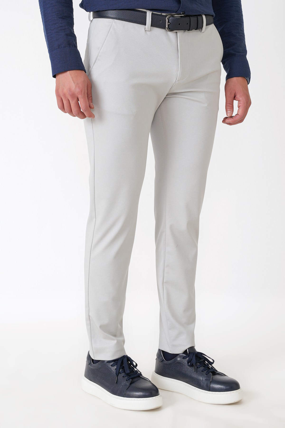 Comfort Fit Rahat Kalıp Yan Cep Pamuklu Dokulu Gri Pantolon P 1219