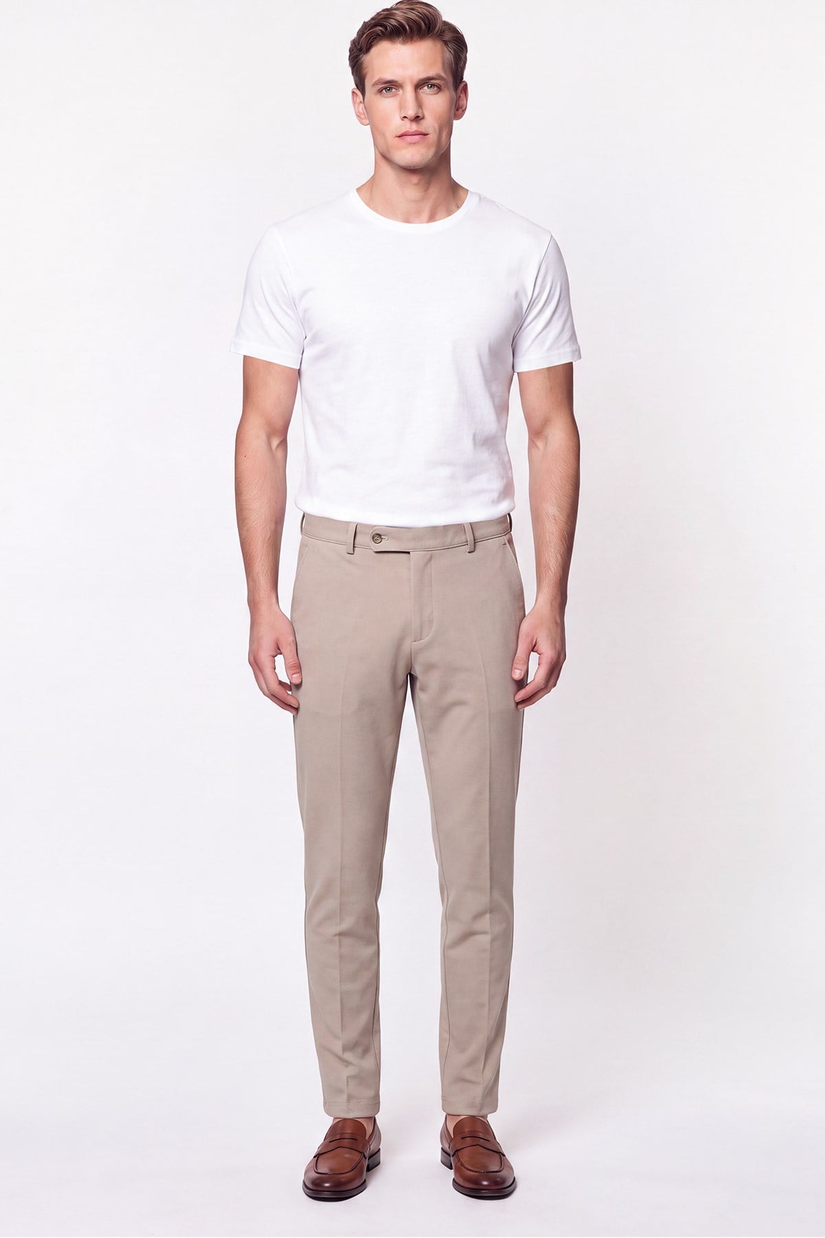 Comfort Fit Rahat Kalıp Yan Cep Pamuklu Dokulu Bej Pantolon P 1219