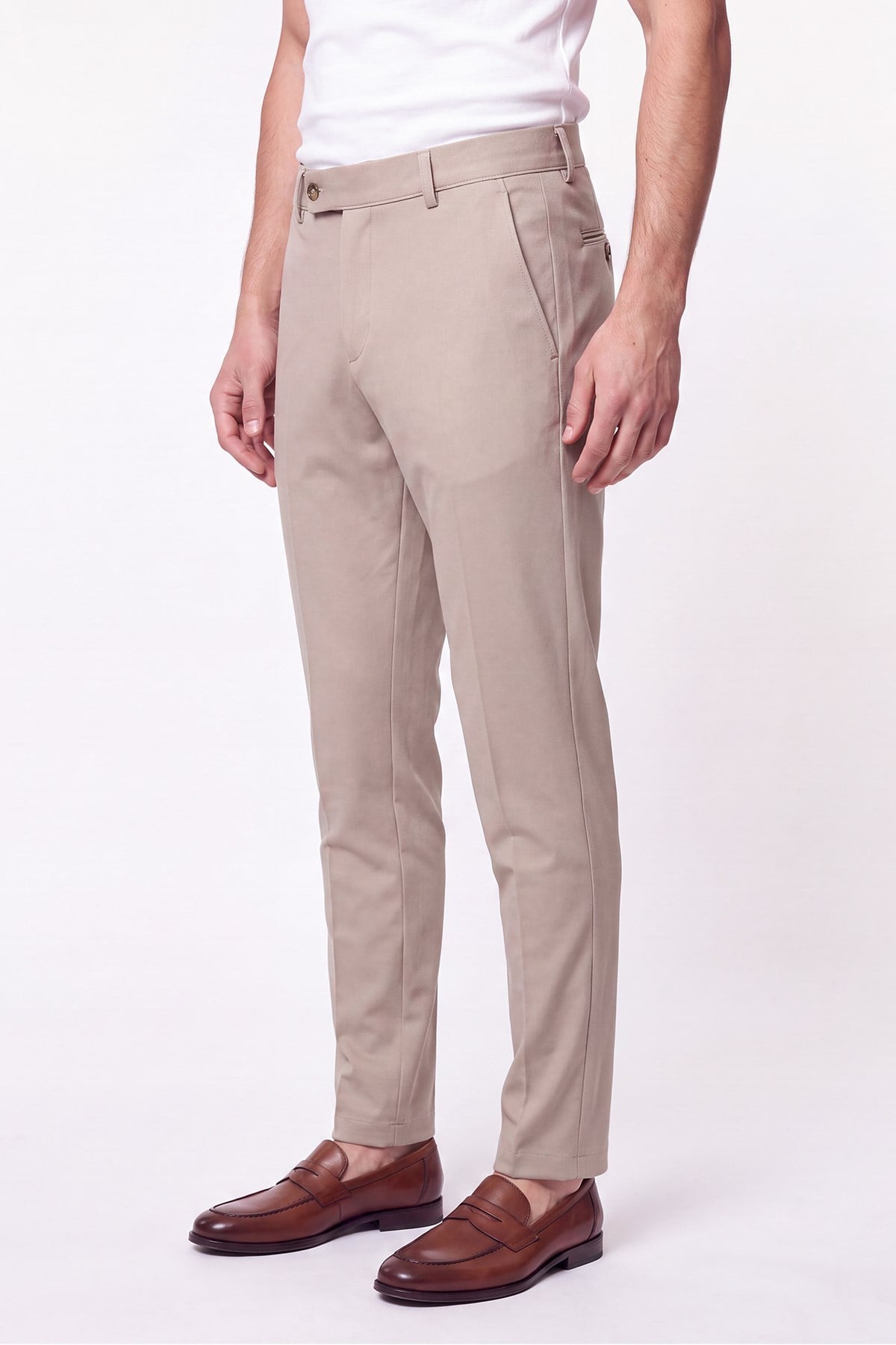 Comfort Fit Rahat Kalıp Yan Cep Pamuklu Dokulu Bej Pantolon P 1219
