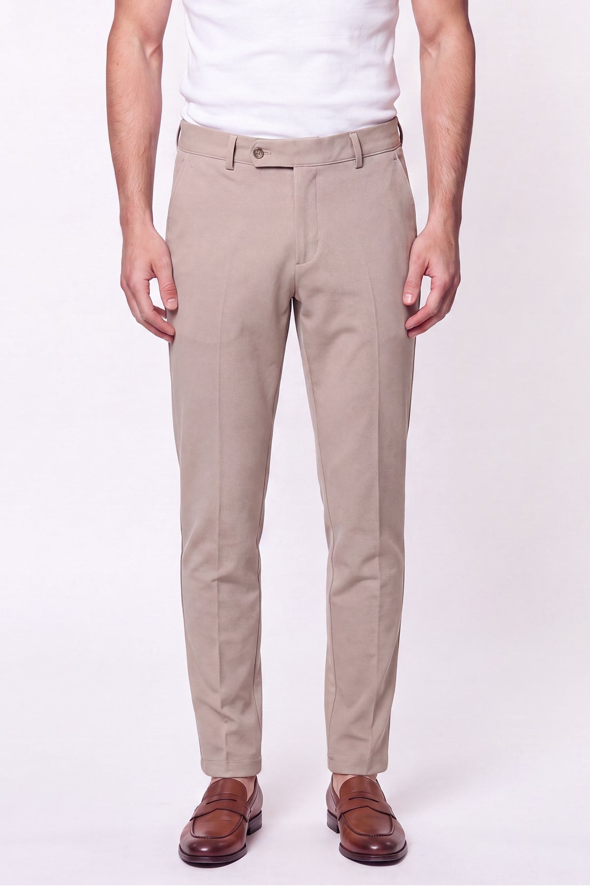 Comfort Fit Rahat Kalıp Yan Cep Pamuklu Dokulu Bej Pantolon P 1219