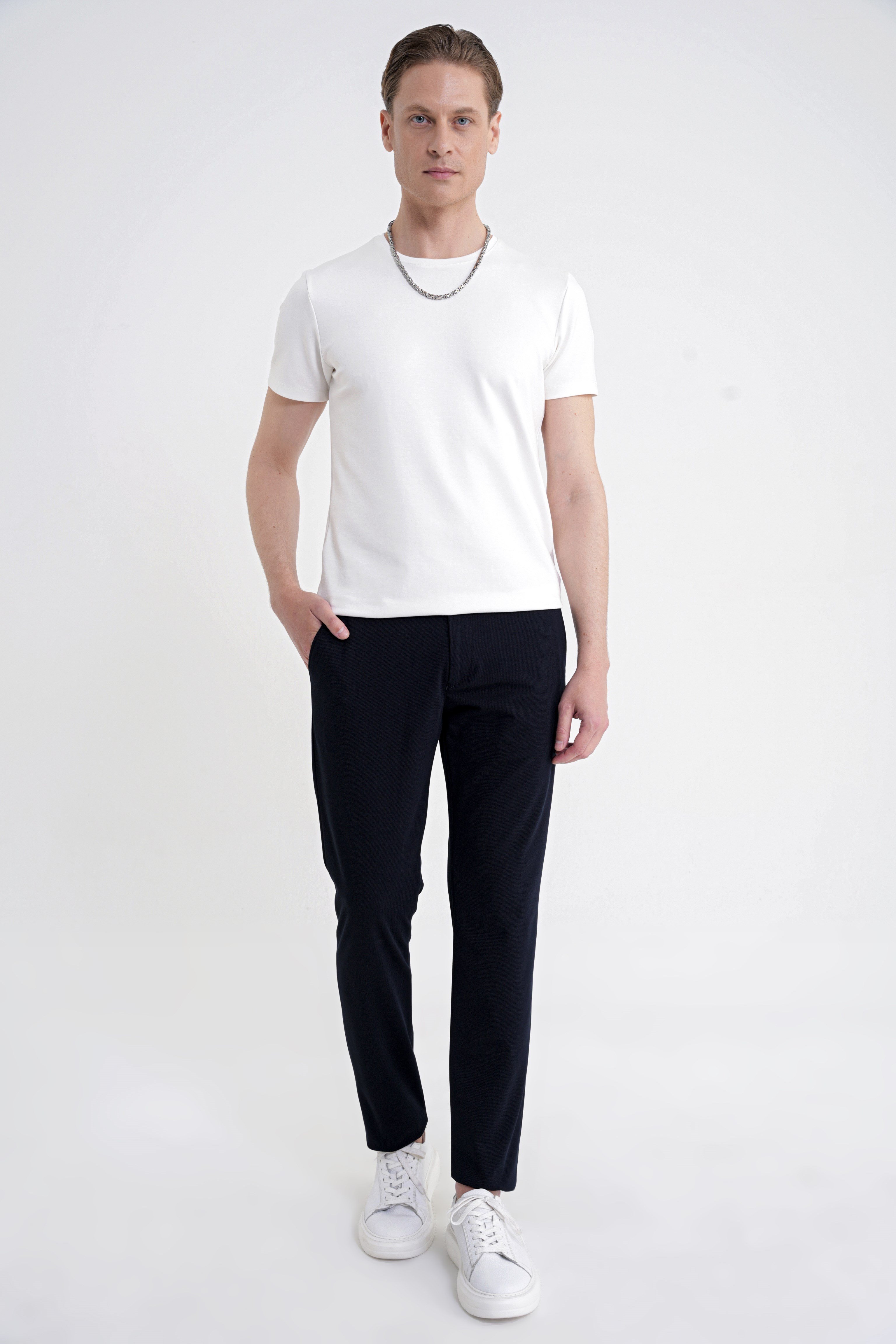 Comfort Fit Rahat Kalıp Yan Cep Pamuklu Dokulu Lacivert Pantolon P 1219