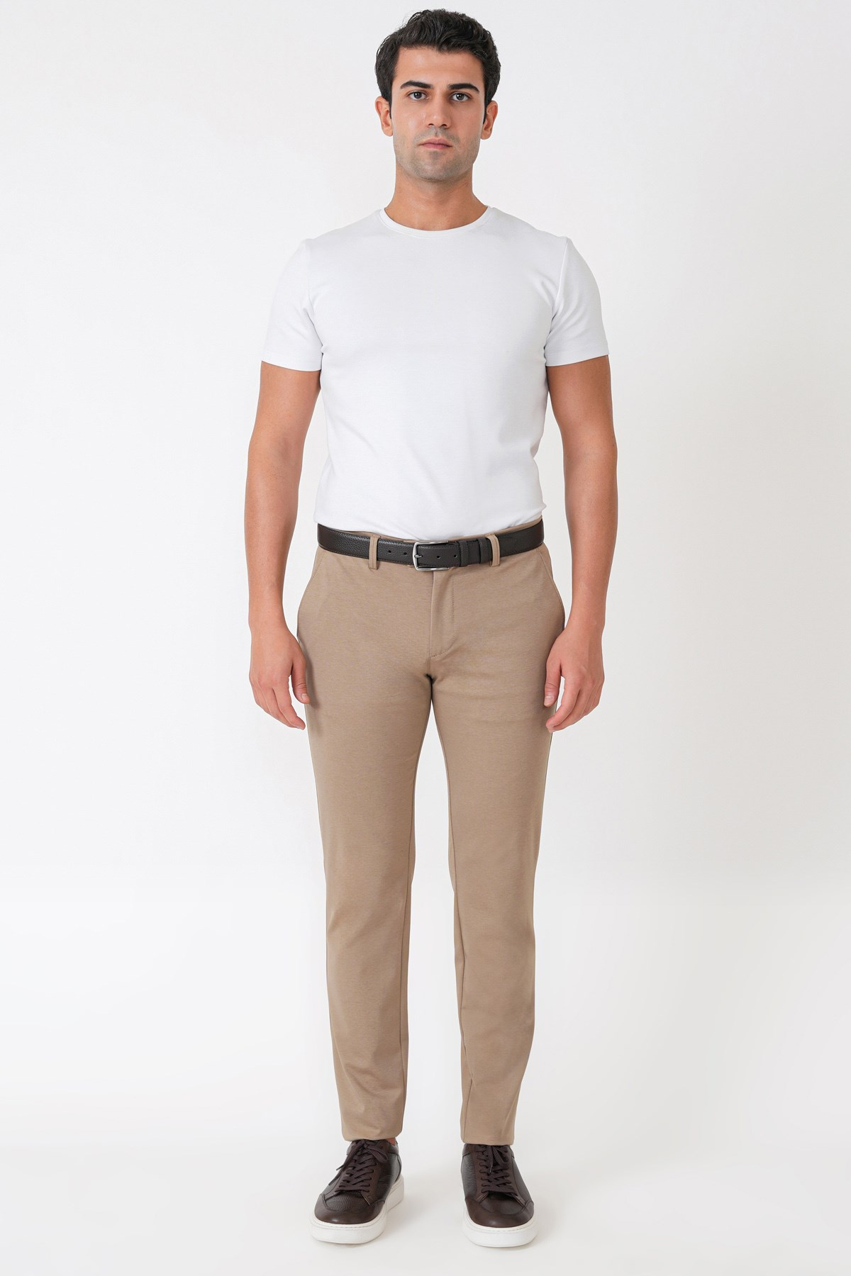 Comfort Fit Rahat Kalıp Yan Cep Pamuklu Dokulu Koyu Bej Pantolon P 1219