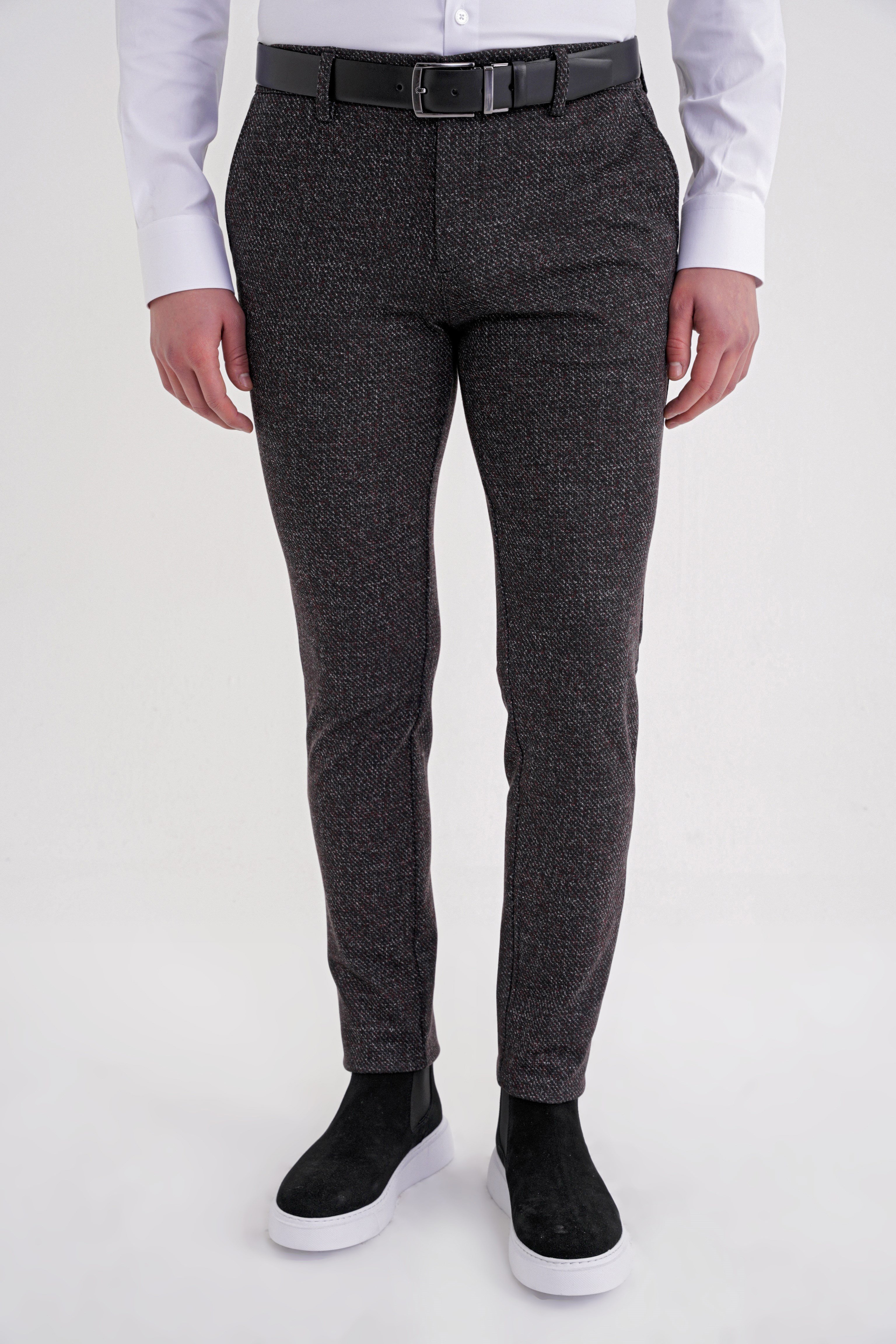 Comfort Fit Rahat Kalıp Yan Cepli Esnek Yünlü Kırçıllı Siyah Pantolon P 1208