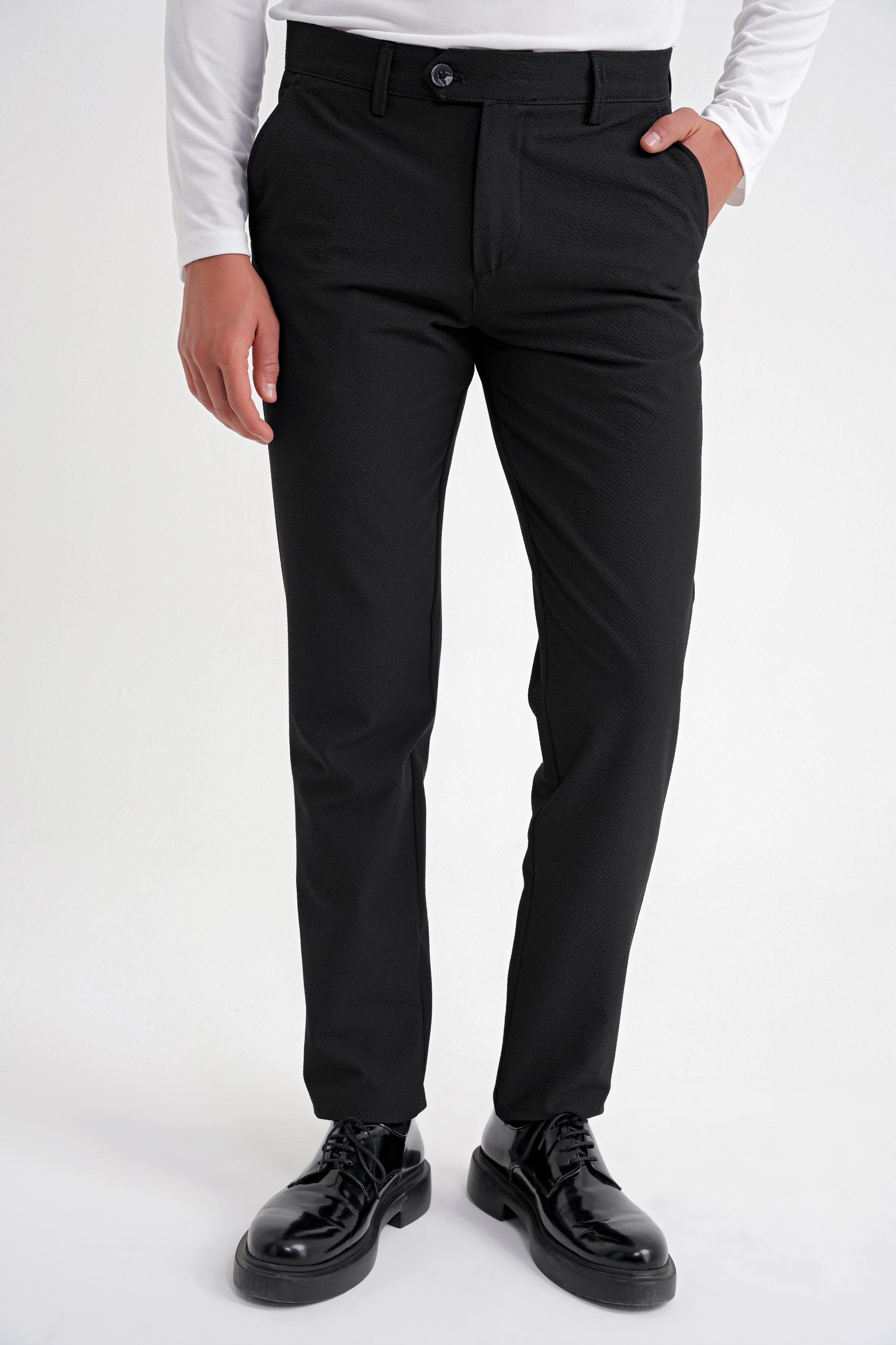 Comfort Fit Rahat Kalıp Yan Cepli Esnek Pamuklu Düz Siyah Pantolon P 1201