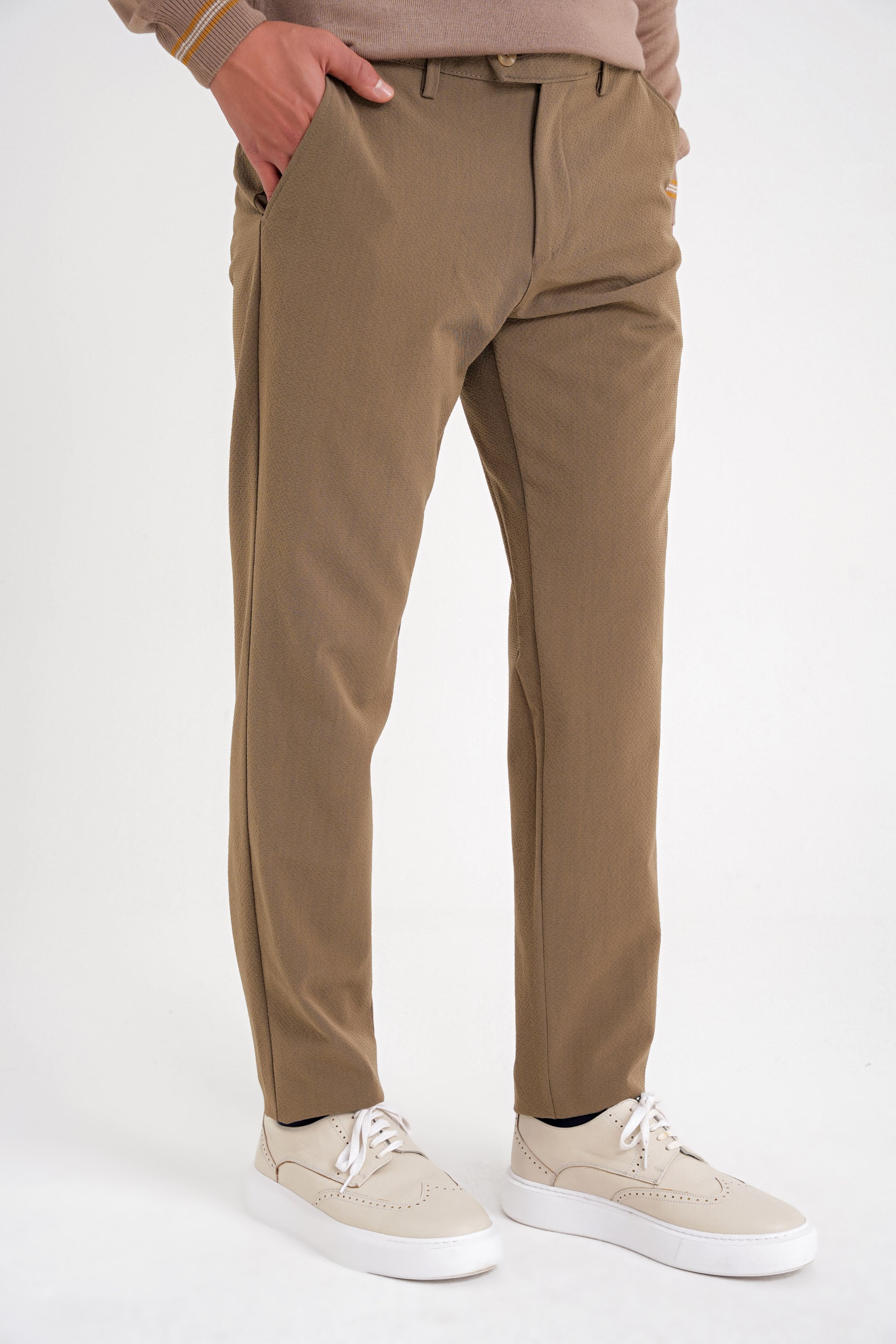 Comfort Fit Rahat Kalıp Yan Cepli Esnek Pamuklu Düz Tütün Pantolon P 1201