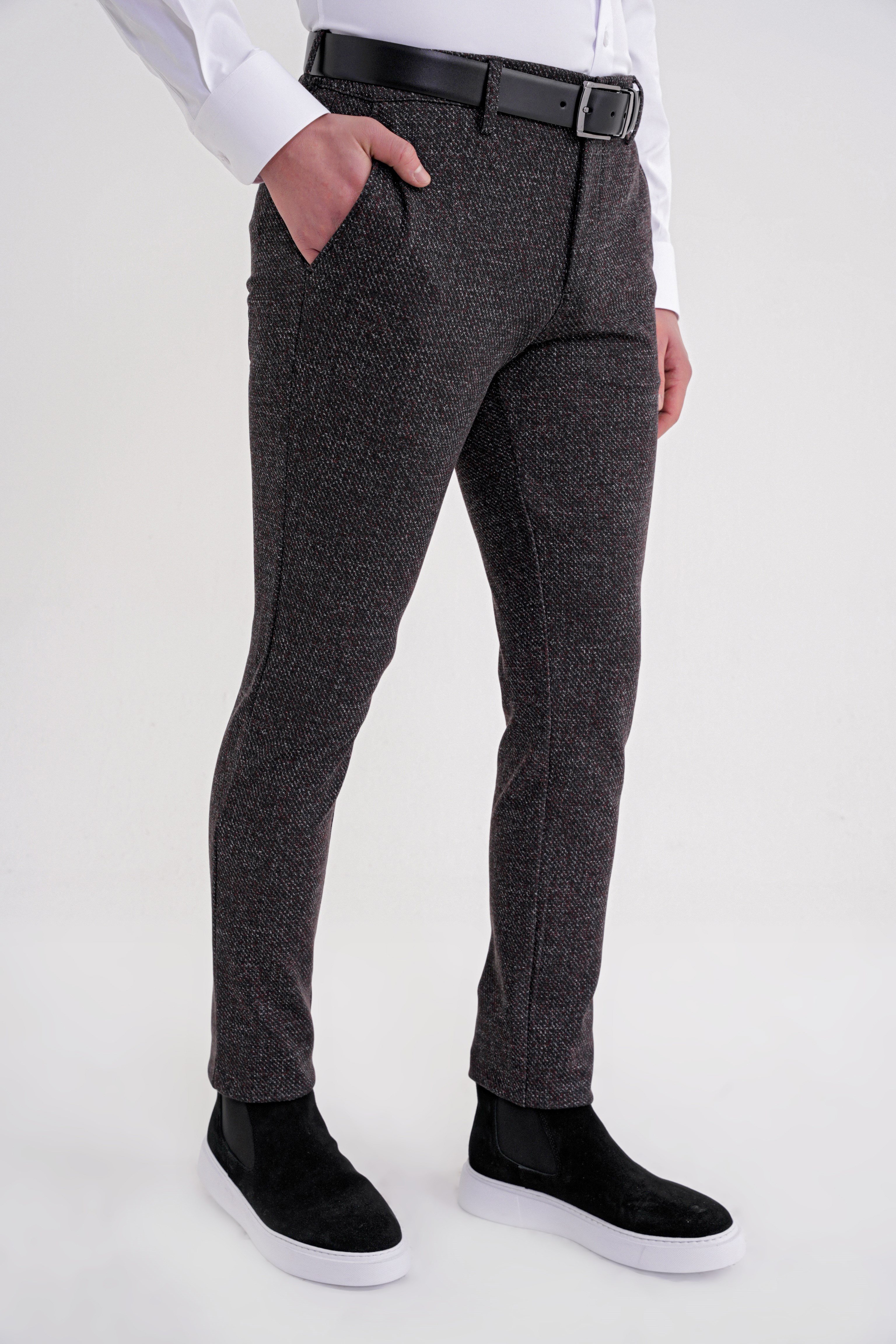 Comfort Fit Rahat Kalıp Yan Cepli Esnek Yünlü Kırçıllı Siyah Pantolon P 1208