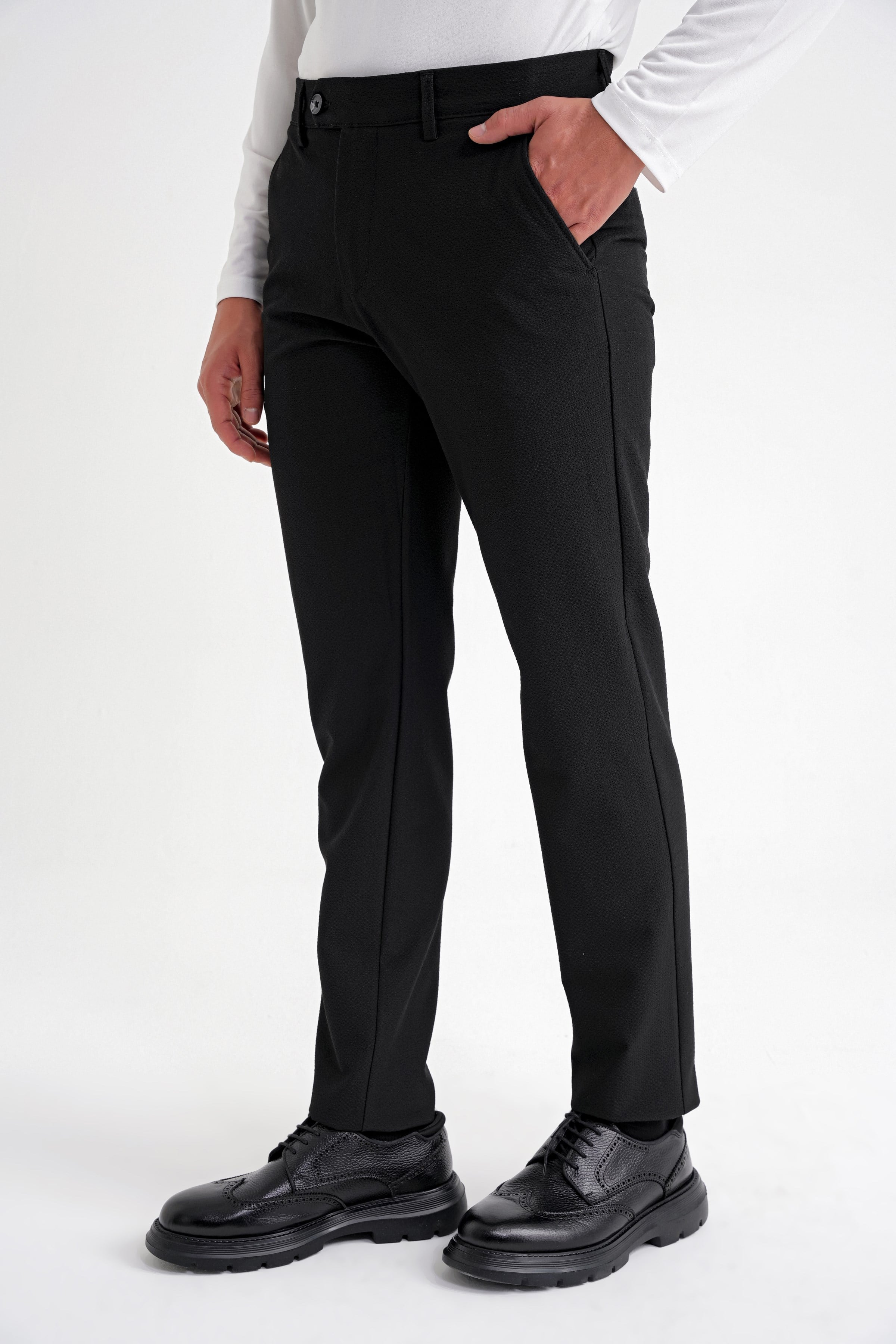 Comfort Fit Rahat Kalıp Yan Cepli Esnek Pamuklu Düz Siyah-1 Pantolon P 1201