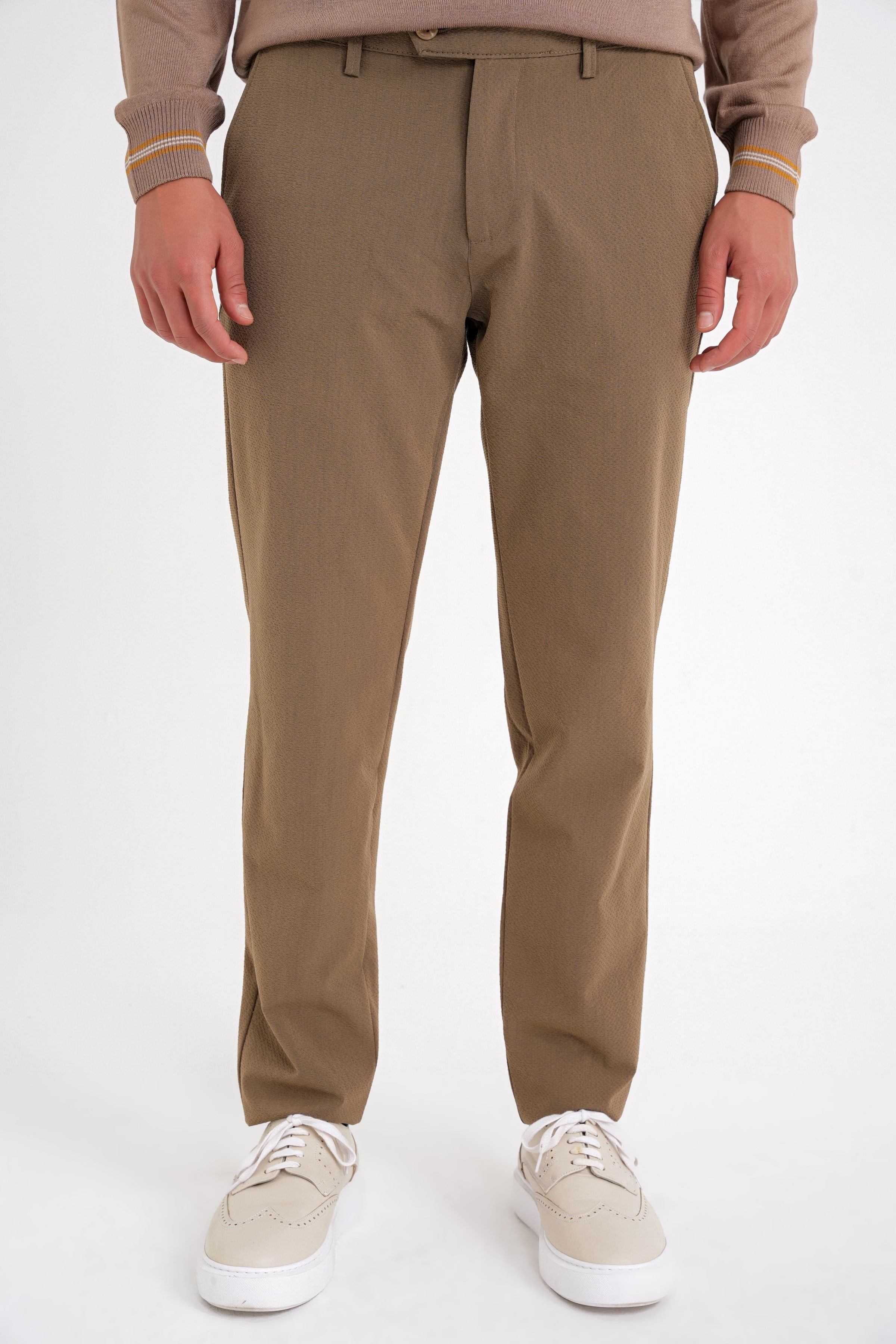 Comfort Fit Rahat Kalıp Yan Cepli Esnek Pamuklu Düz Tütün Pantolon P 1201